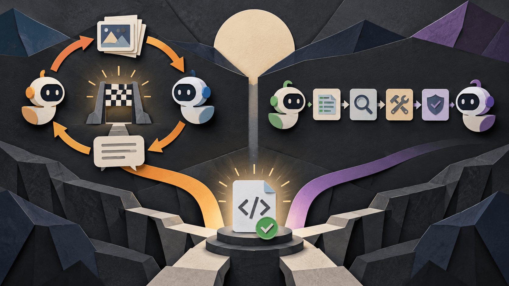 Two agent workflows converge on a verified software artifact Split paper-cut comparison showing a circular reference-driven builder-critic loop beside a bounded four-checkpoint cross-model workflow