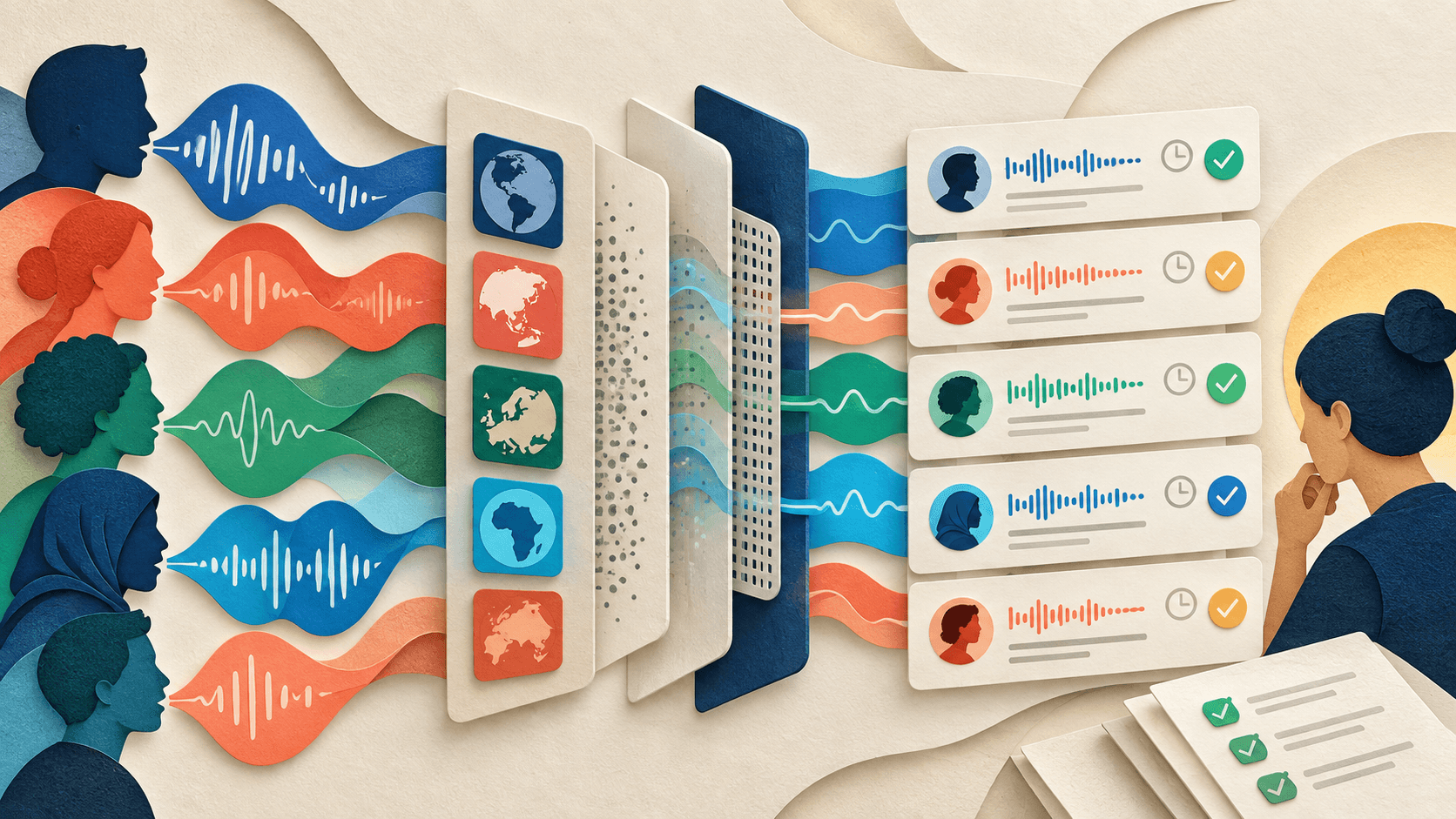 Google Launches Gemini 3.5 Transcribe for Real-Time Voice Apps Paper-cut editorial illustration of multilingual speech waves moving through noise filters into timestamped transcript cards and a human review checkpoint