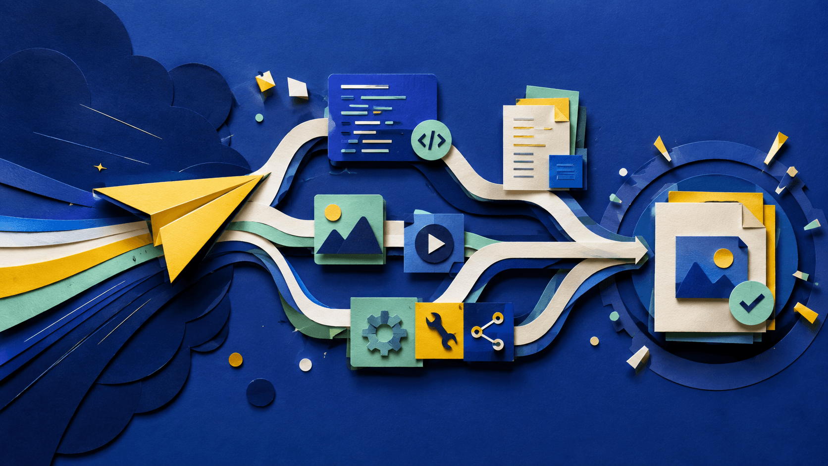 A fast model carrying multimodal work through a complete agent workflow Paper-cut illustration of a rapid path connecting code, images, documents, tools, and a completed deliverable