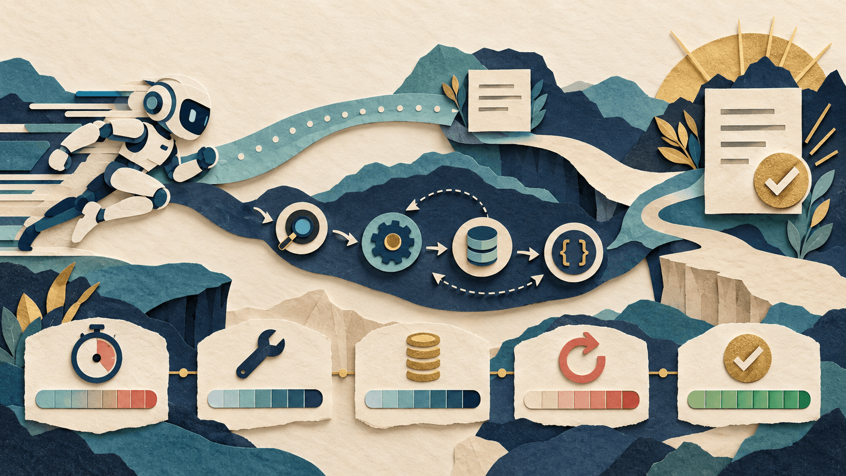 Gemini 3.8 Flash and Completed-Task Cost Paper-cut editorial illustration of a fast reasoning model balancing tools, latency, tokens, retries, and accepted outcomes