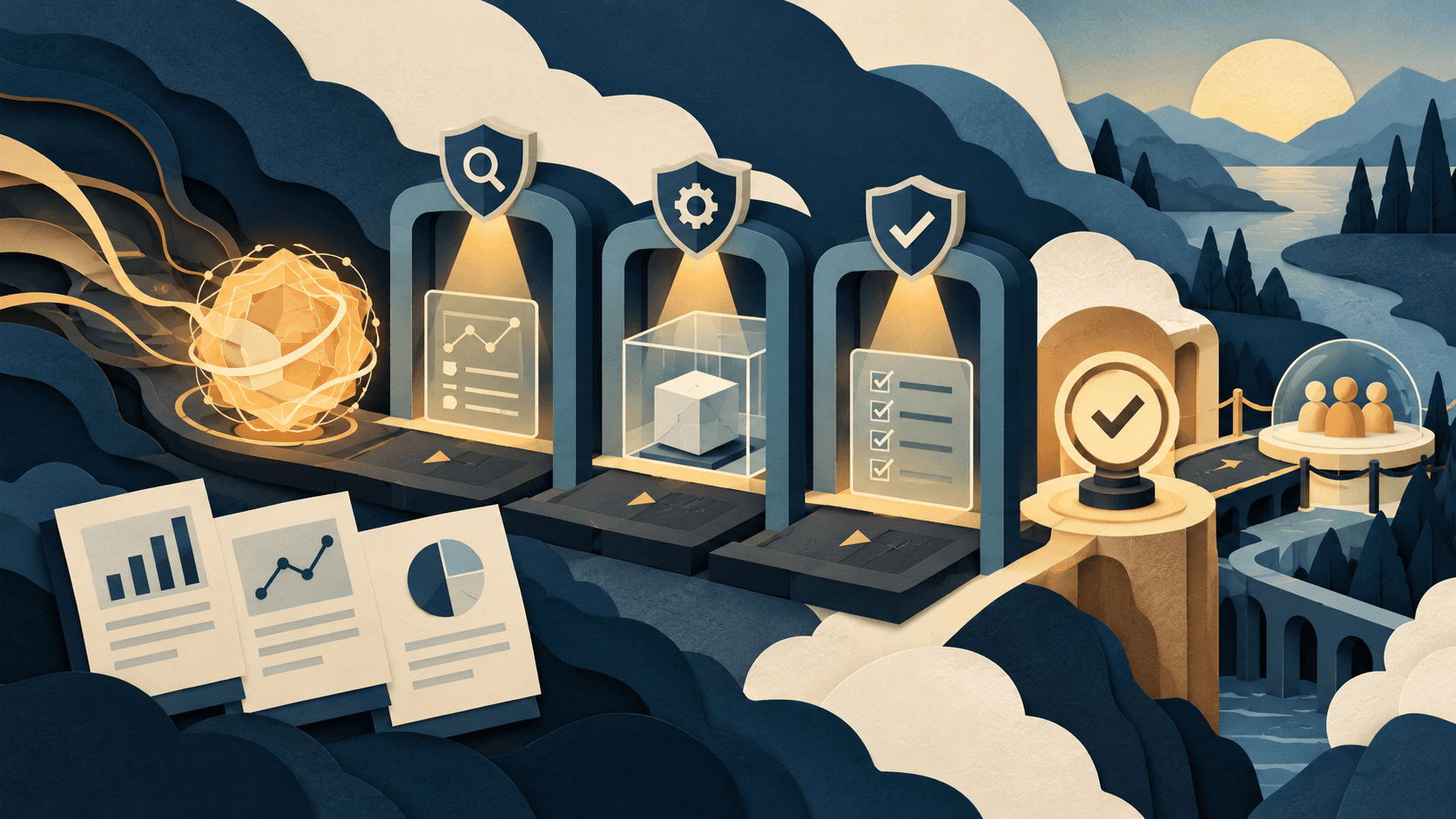 gemini 4 argon trusted tester rollout 2026 Paper-cut editorial illustration of a frontier model moving through benchmark, sandbox, safeguard, and trusted-tester gates before wider release