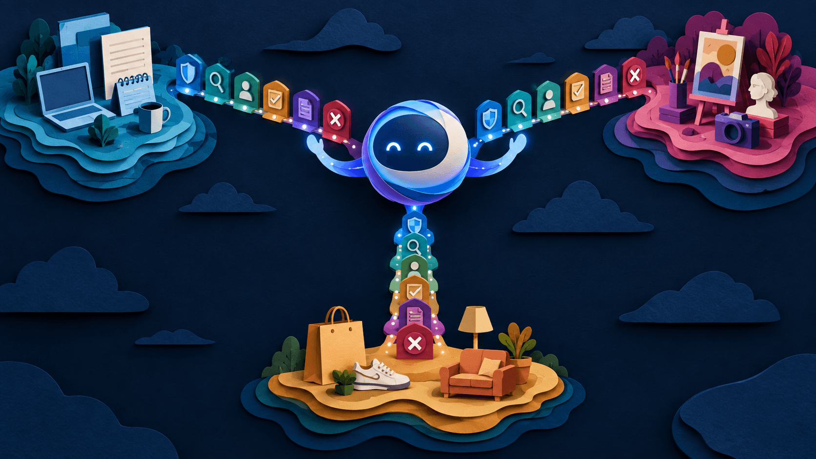 Gemini Adds Connected Apps—Convenience Now Depends on Permission Design Paper-cut editorial illustration of a conversational assistant approaching distinct productivity, creative, and consumer apps through separate permission gates with preview, approval, audit, and revoke controls