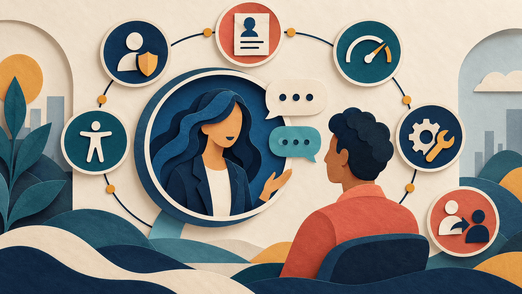 Gemini Live Avatar Gives AI Agents a Face—What Enterprises Must Test Paper-cut editorial illustration of a generated video persona serving a customer while identity, disclosure, latency, tool permission, accessibility, and human-escalation gates remain visible