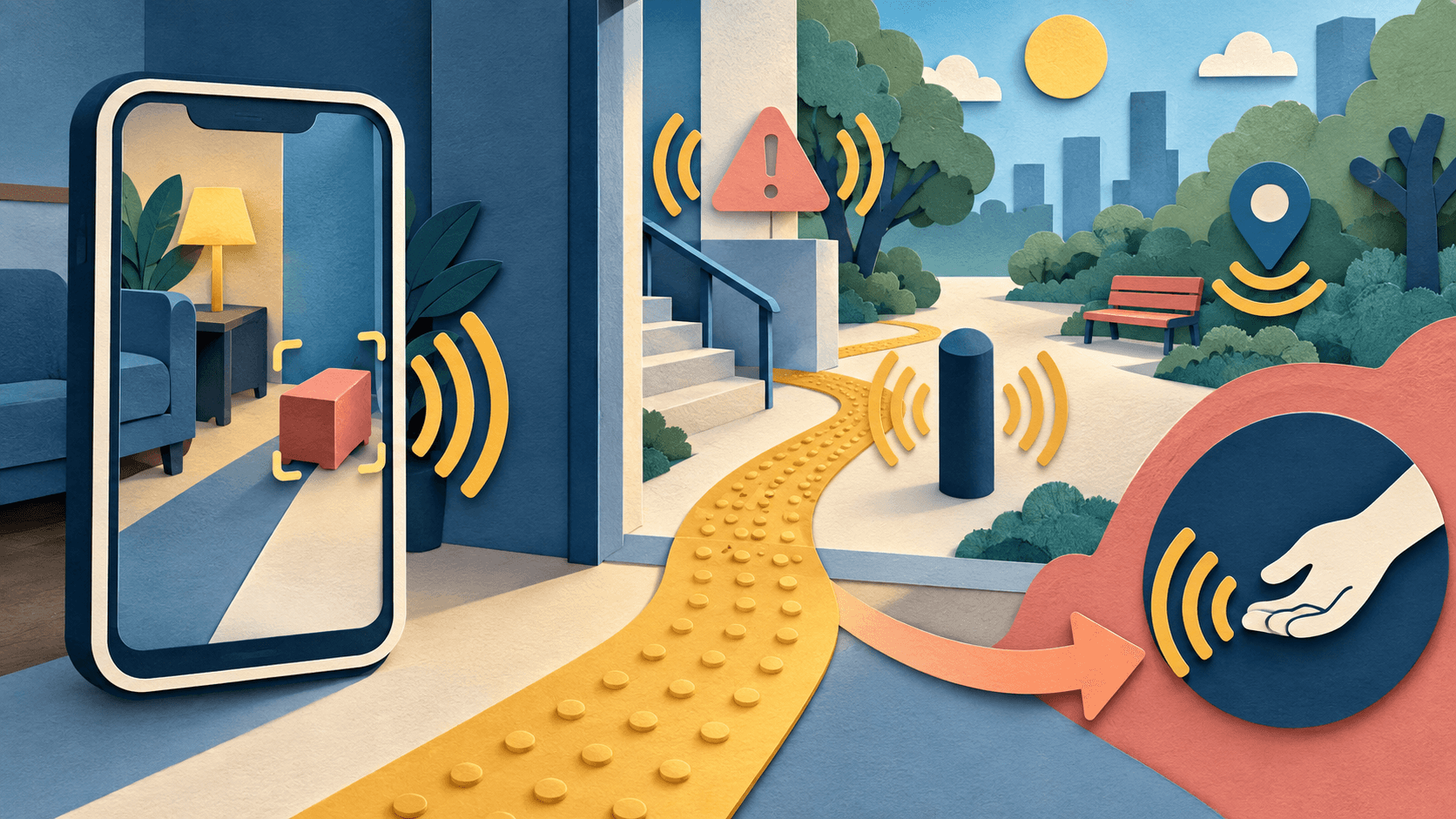 gemini live guided vision accessibility 2026 Paper-cut editorial illustration of real-time visual assistance translating a camera view into spoken guidance, uncertainty warnings, and safe human fallback