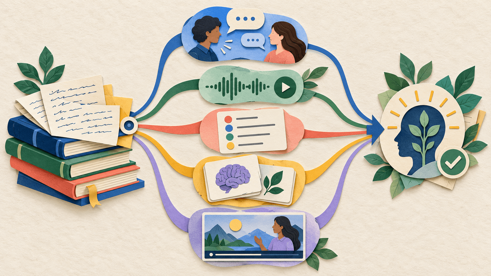 Gemini Notebook Adds Live Study Conversations, Quizzes and Short Videos Paper-cut editorial illustration of trusted study sources branching into a live conversation, audio notes, quizzes, flashcards, and short videos before an independent retention check