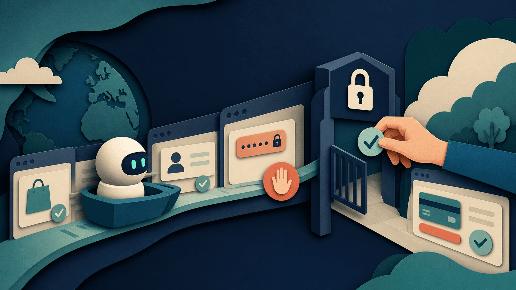 Gemini Spark Chrome auto browse web agent Editorial illustration of a browser agent moving through identity and password checkpoints toward a human-approved payment gate
