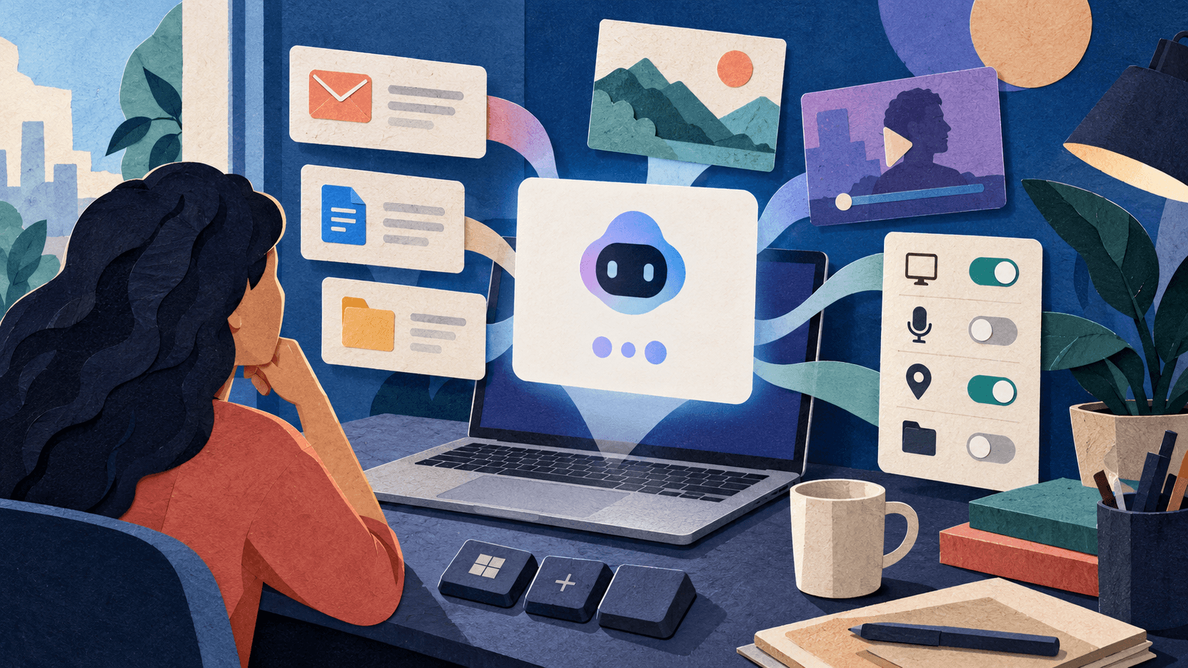 gemini windows app review 2026 Paper-cut editorial illustration of a desktop AI assistant surrounded by explicit app, microphone, location, file, and account permission choices