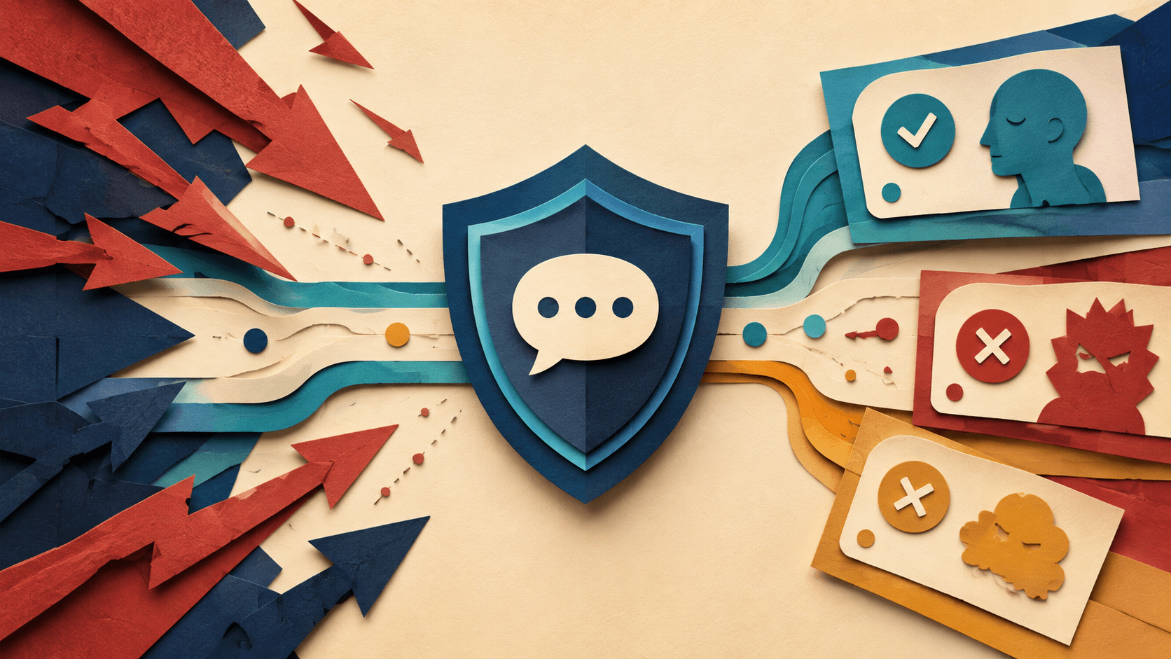 Giskard Review 2026: AI Agent Red Teaming, Scans, and Fit Paper-cut shield protecting an AI conversation from adversarial arrows and unsafe outcomes