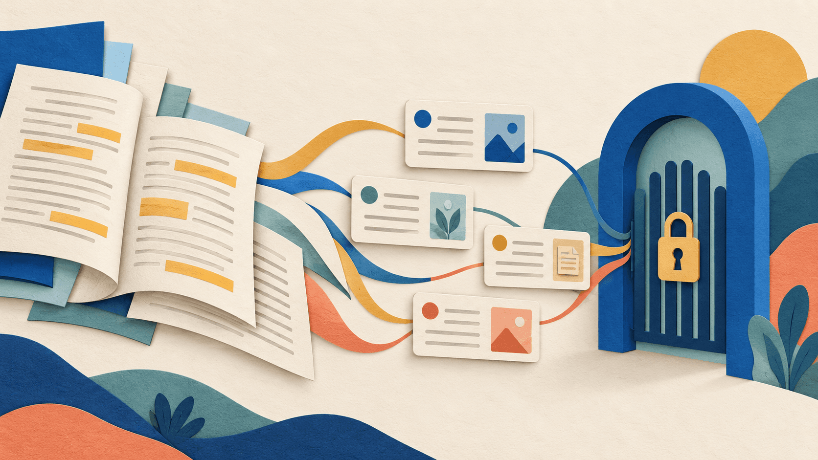 Glasp Review 2026: Highlights, AI Memory, and Privacy Highlighted paper pages flowing into linked memory cards through a privacy gate