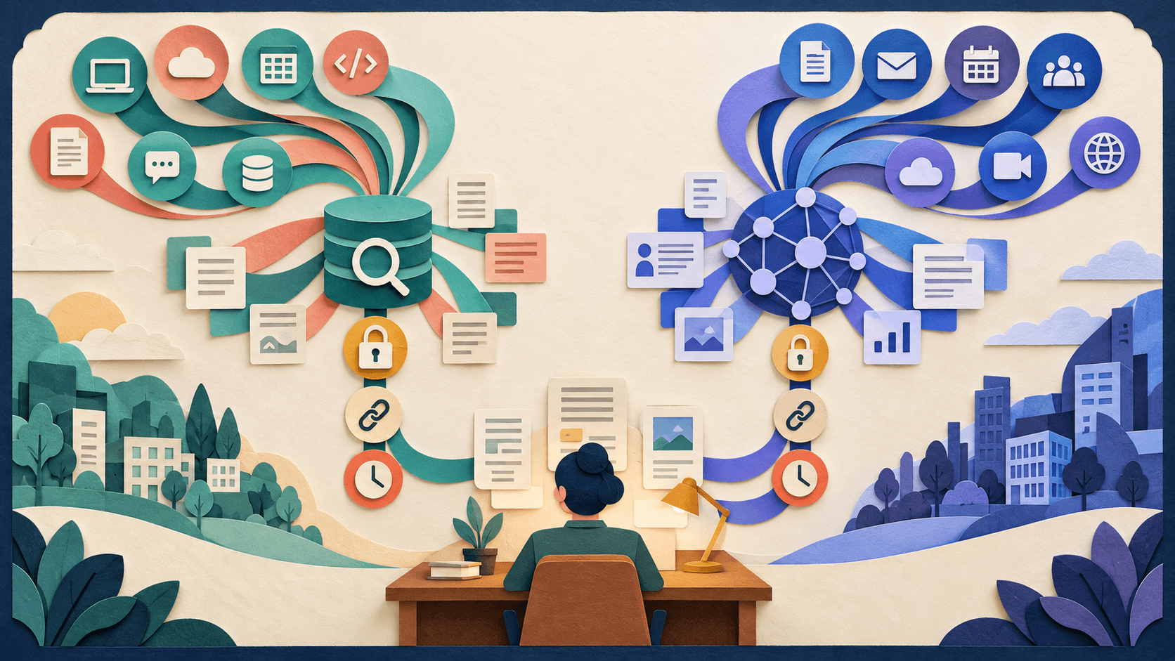 Glean and Microsoft Copilot enterprise search comparison Paper-cut editorial illustration comparing a cross-application enterprise knowledge index with a Microsoft-centered search graph through permission and citation gates