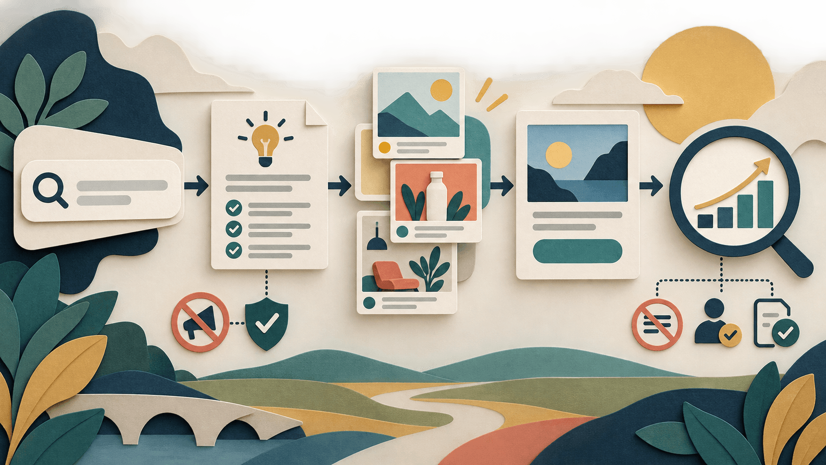 Google Ads Adds AI Max Brief Controls and Unified Journey Reporting Paper-cut editorial illustration of a search query flowing through an AI briefing card, approved ad creative, landing-page checkpoint, and measurement lens