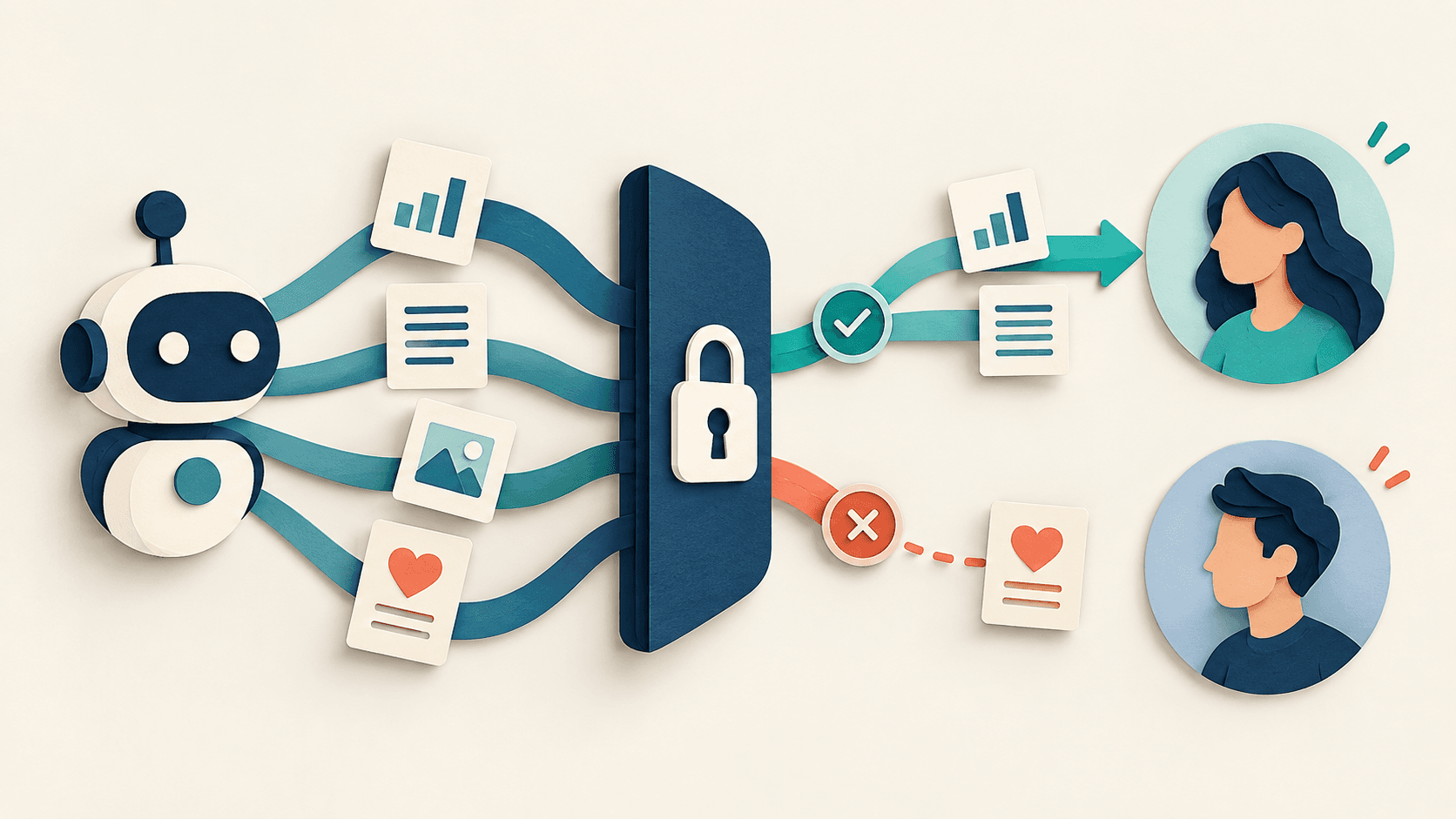 Google’s Agent Privacy Report: Permissions Need Context Layered document cards passing through a permission gate toward separate recipient circles