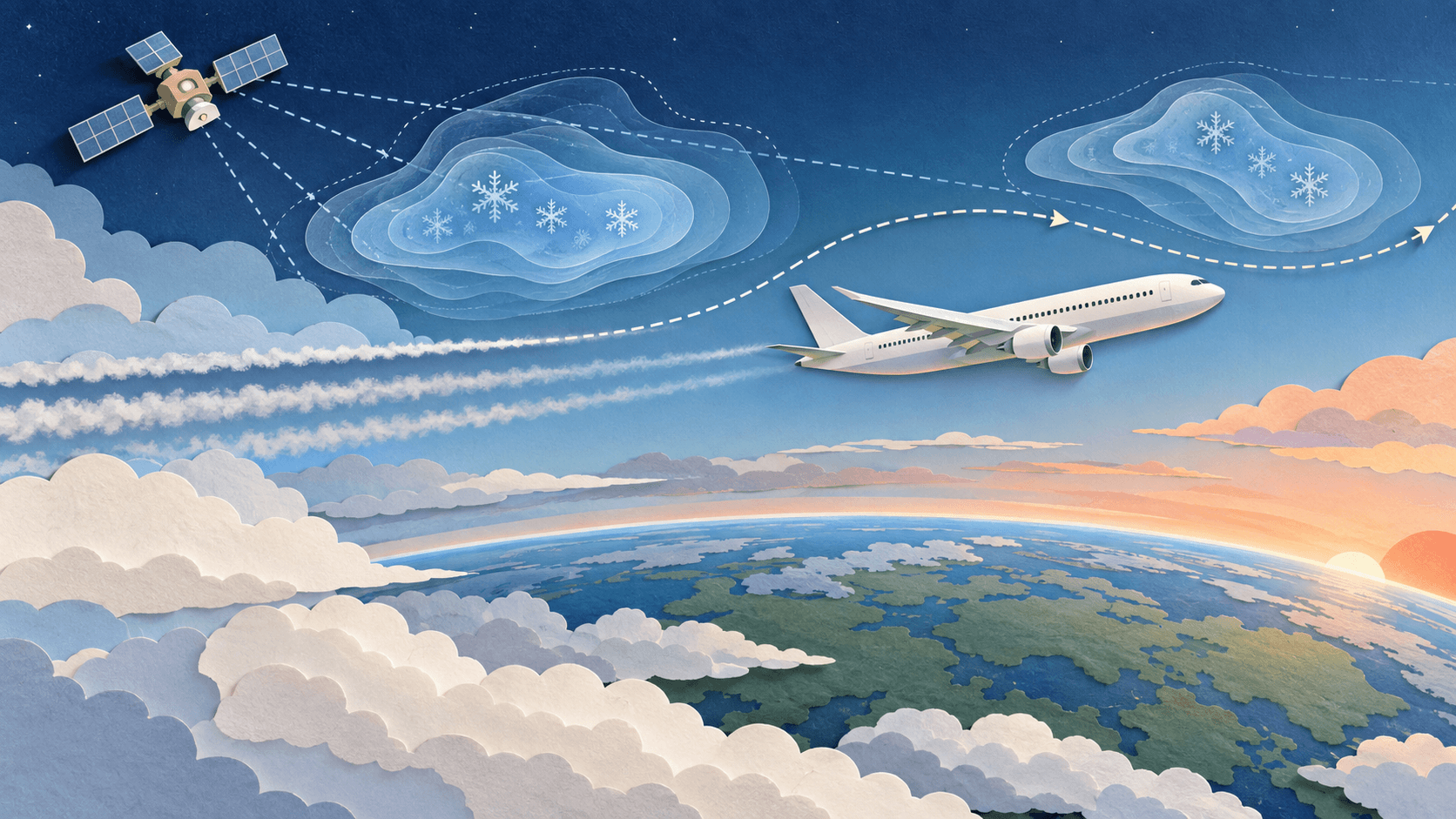 An aircraft following AI weather guidance around contrail-forming air Paper-cut illustration of an aircraft changing altitude around cold humid air while satellite and weather signals guide its route