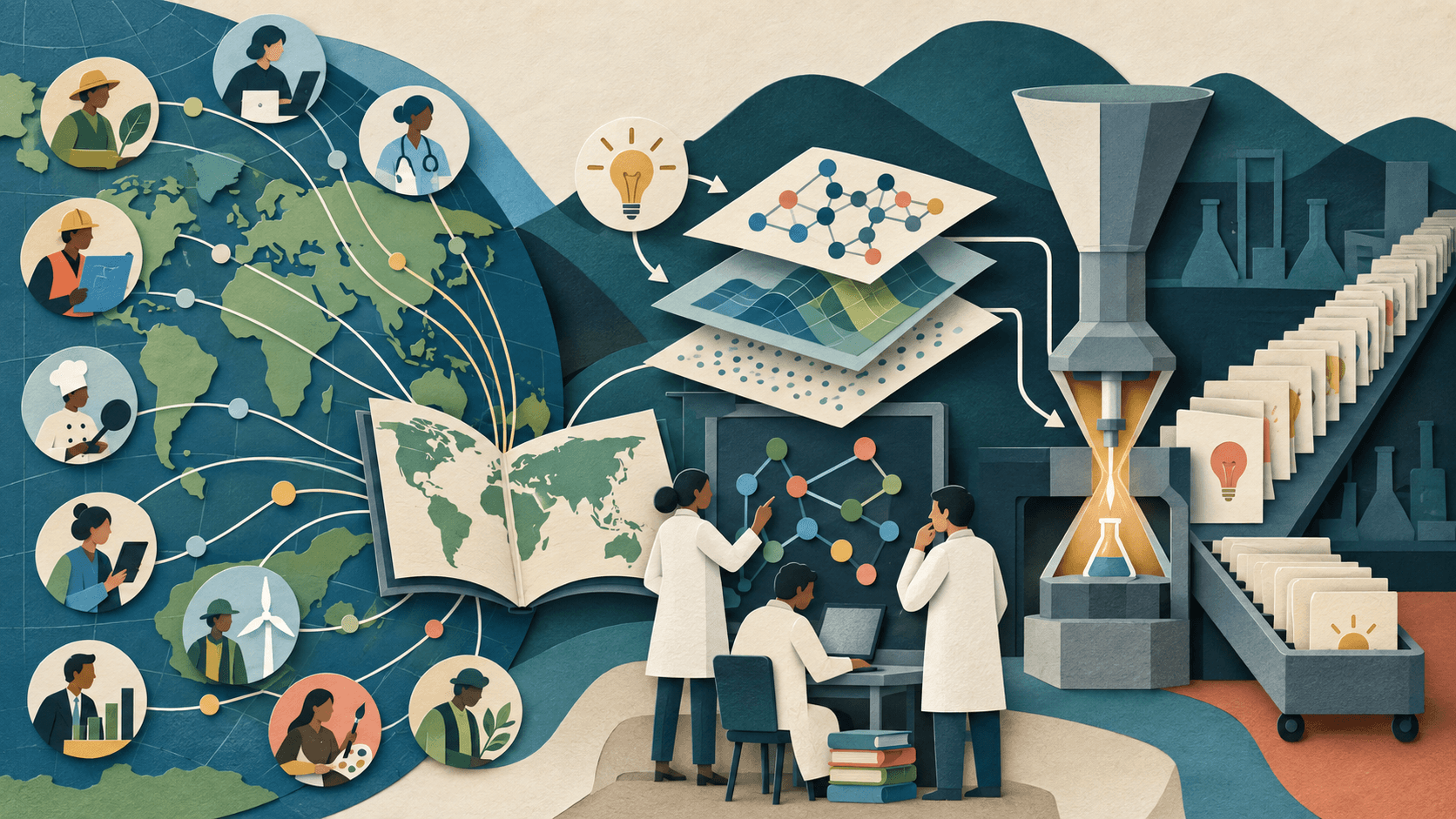 Global AI activity meets the narrow gate of scientific validation Paper-cut world map and varied occupations feeding an AI atlas, with scientists routing hypotheses through a narrow experiment funnel into a growing validation queue
