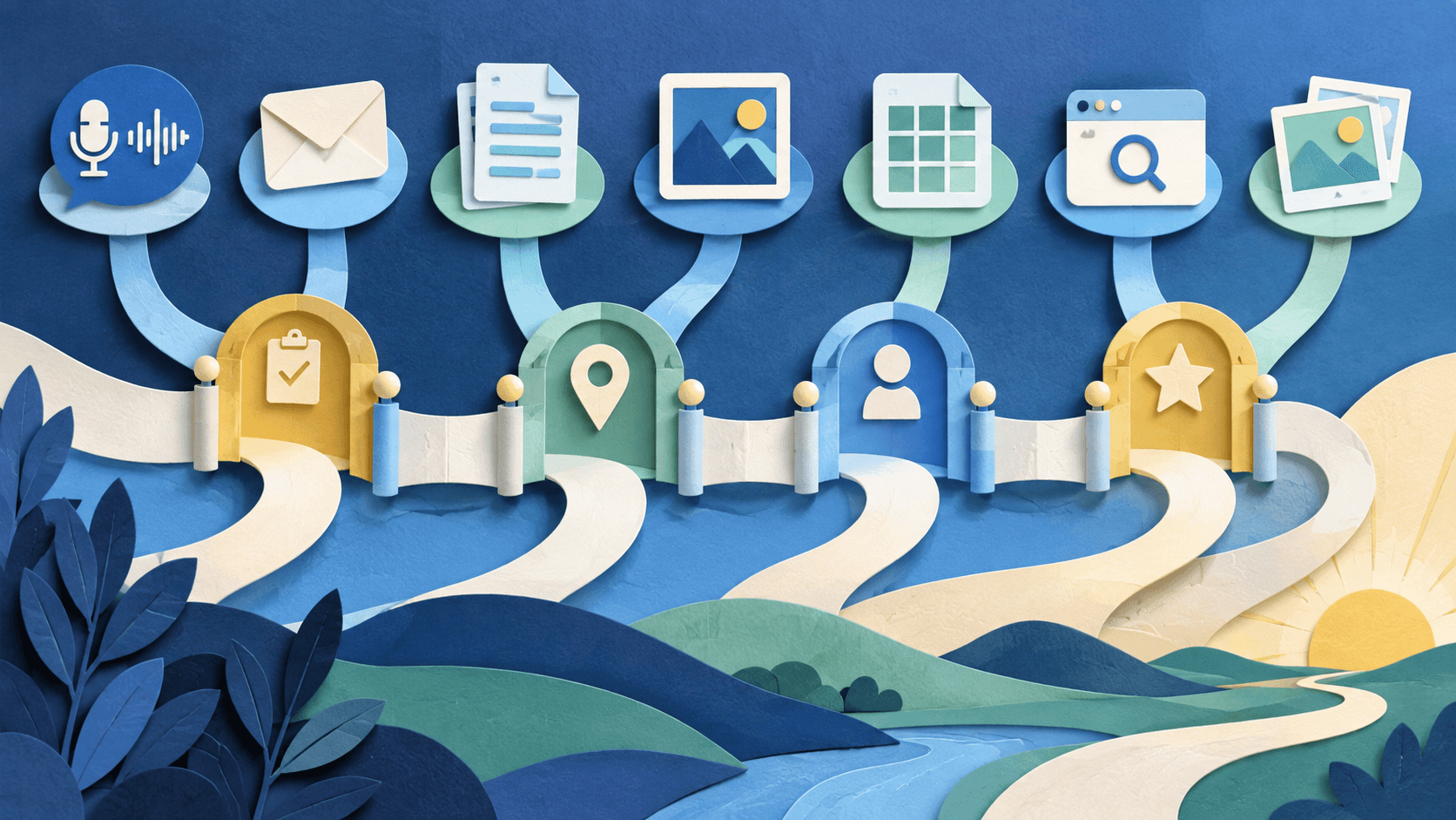 Google Expands AI Plans With Voice, Pics, and Sheets Canvas Abstract paper-cut editorial illustration of voice notes, email, documents, visual creation, spreadsheet mini-apps, web errands, and photos connected through visible plan, region, permission, and review gates