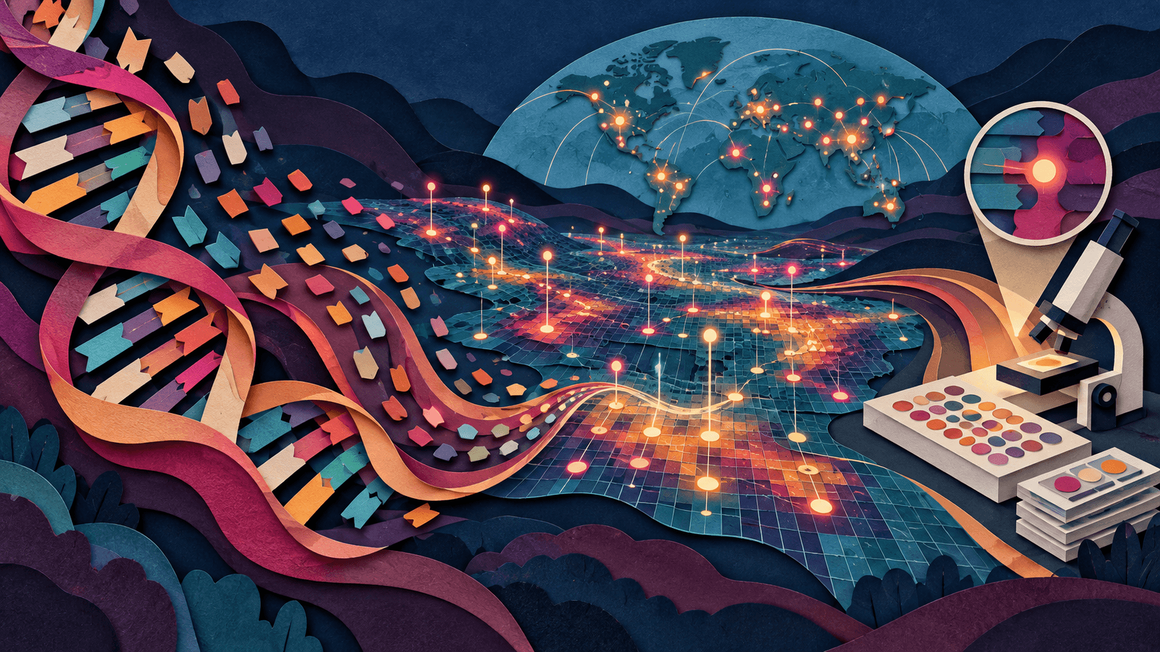 A genome-scale prediction landscape leads to laboratory validation Paper-cut DNA ribbons flowing into a luminous variant atlas with highlighted points and a laboratory checkpoint