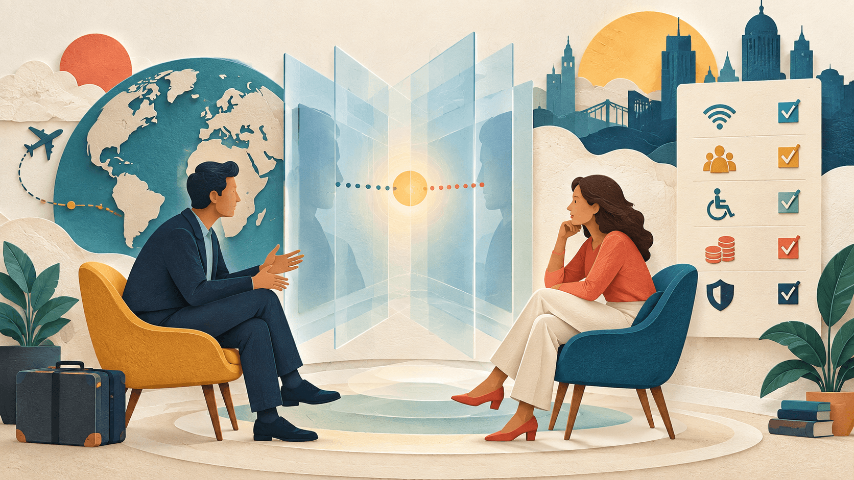 Google Beam Expands 3D Video Meetings to Six Countries Paper-cut editorial illustration of two remote colleagues meeting through layered dimensional glass with travel, accessibility, cost, and privacy checkpoints