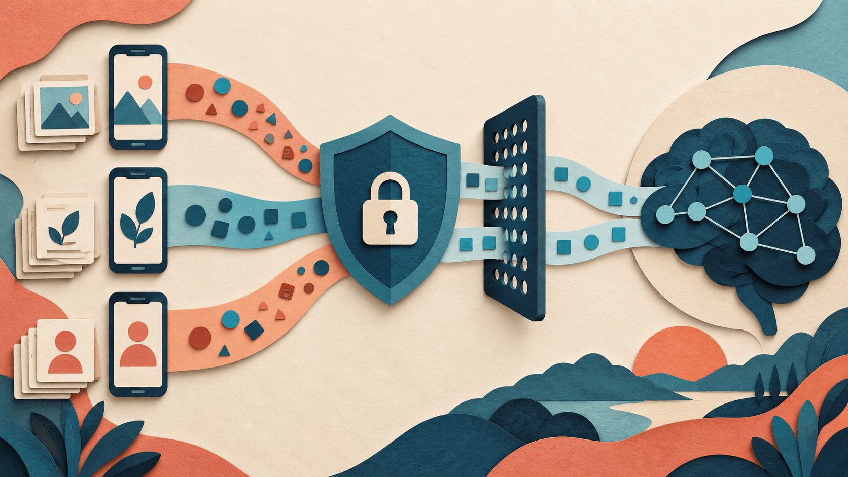 Google’s Federated AI Update: Verify the Privacy Boundary Phones beside privacy shields, abstract learning cards and a central protected model