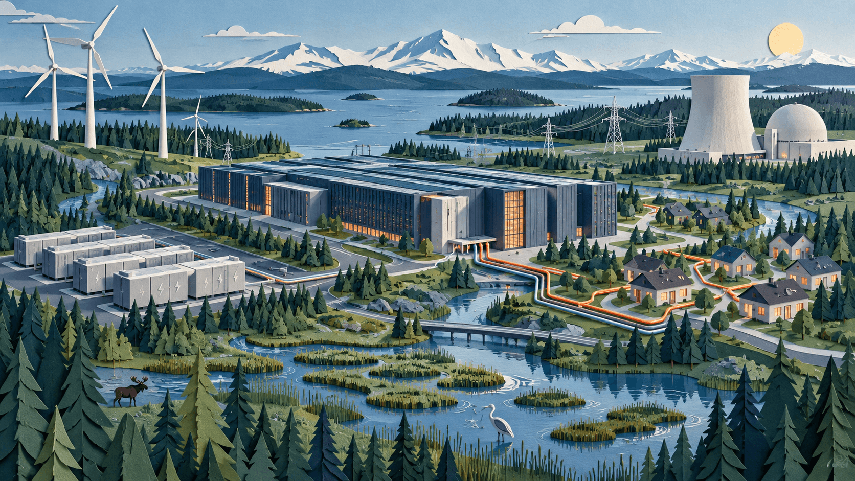 AI infrastructure connected to Finland's energy and community systems Paper-cut editorial illustration of a Nordic data center connected to wind, nuclear power, battery storage, heat recovery, and communities