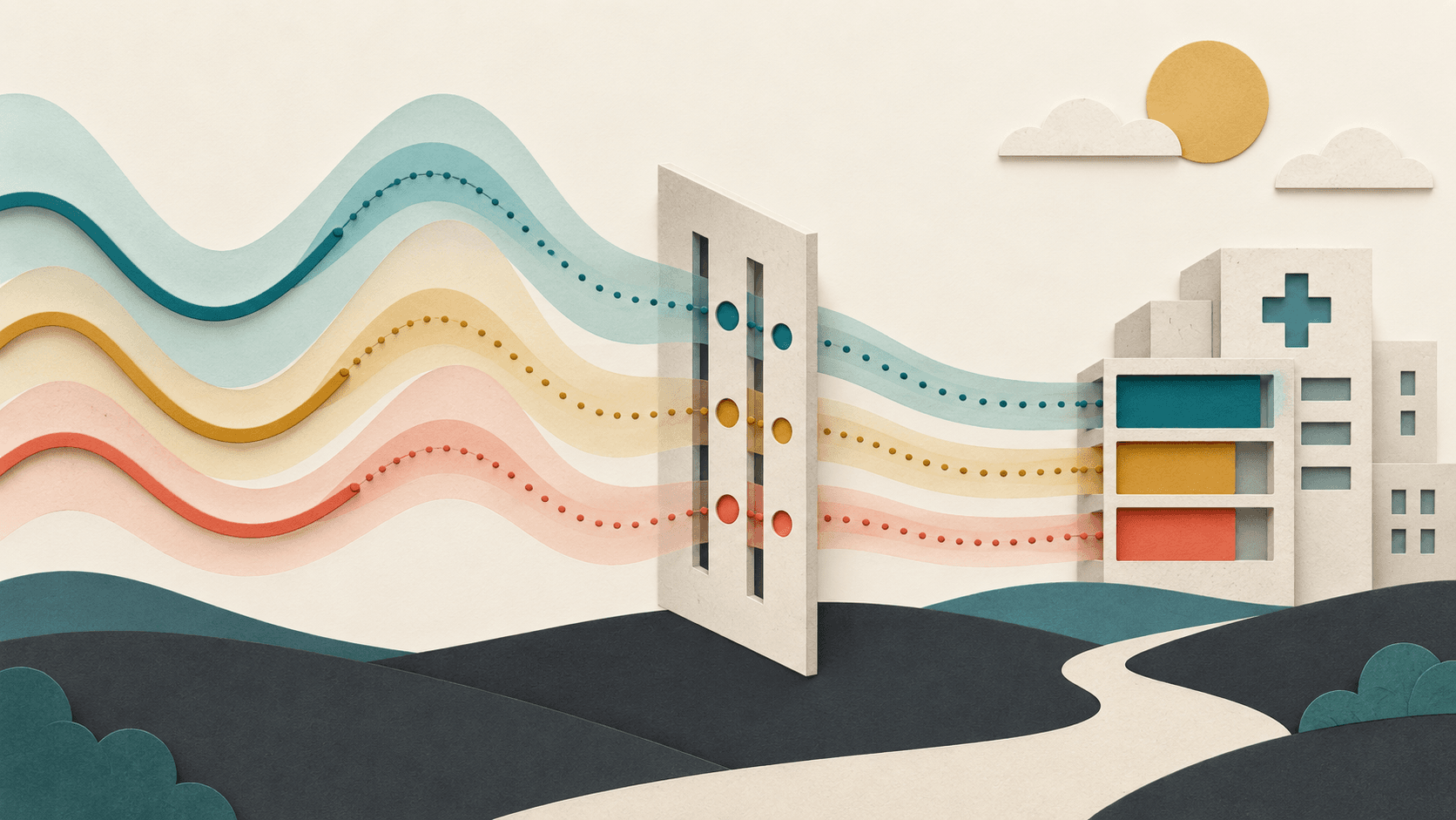 Forecast ribbons and uncertainty bands passing through an evidence gate toward capacity blocks Forecast ribbons and uncertainty bands passing through an evidence gate toward capacity blocks