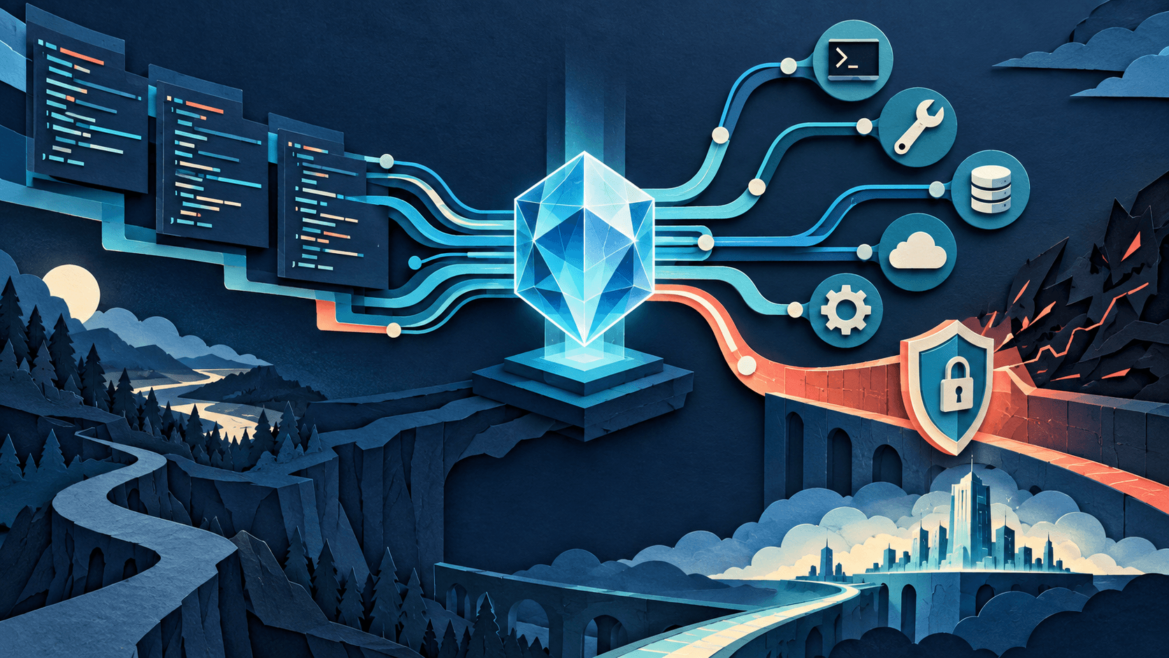 A fast agent model passes through a governed cyber-defense lane Paper-cut AI core connected to code, tools, data, and a guarded cyber-defense pathway