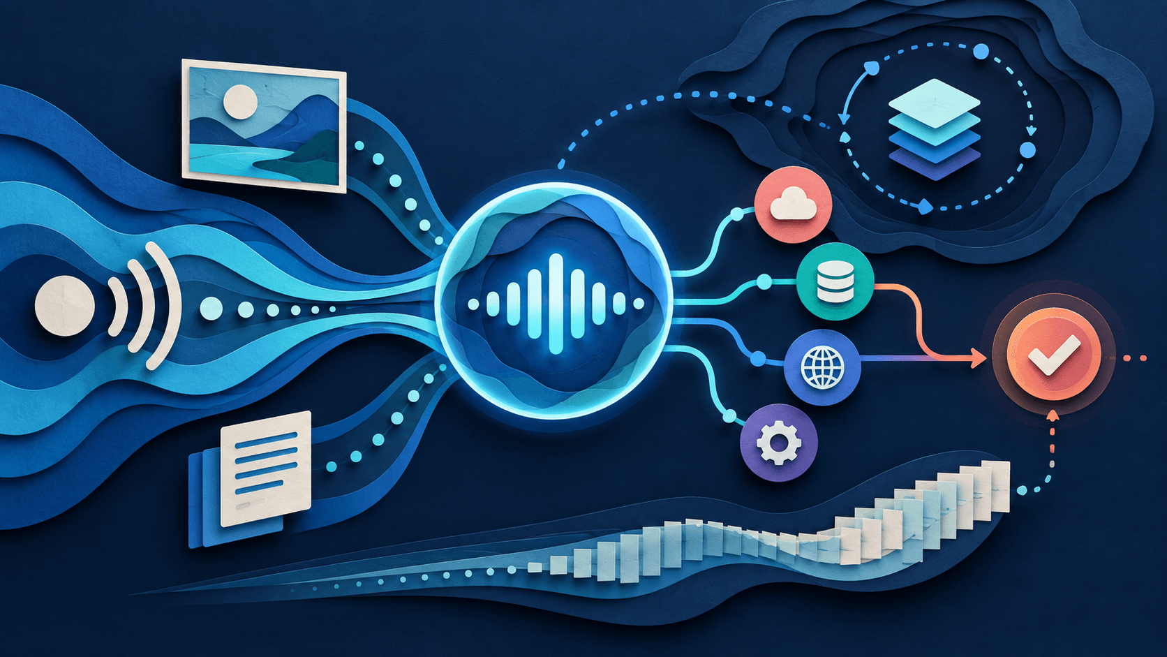 A real-time voice agent balances speed, tools, context, and approval Paper-cut audio waves flowing through a conversational AI core toward tool calls, background reasoning, accumulated context, and a human approval checkpoint