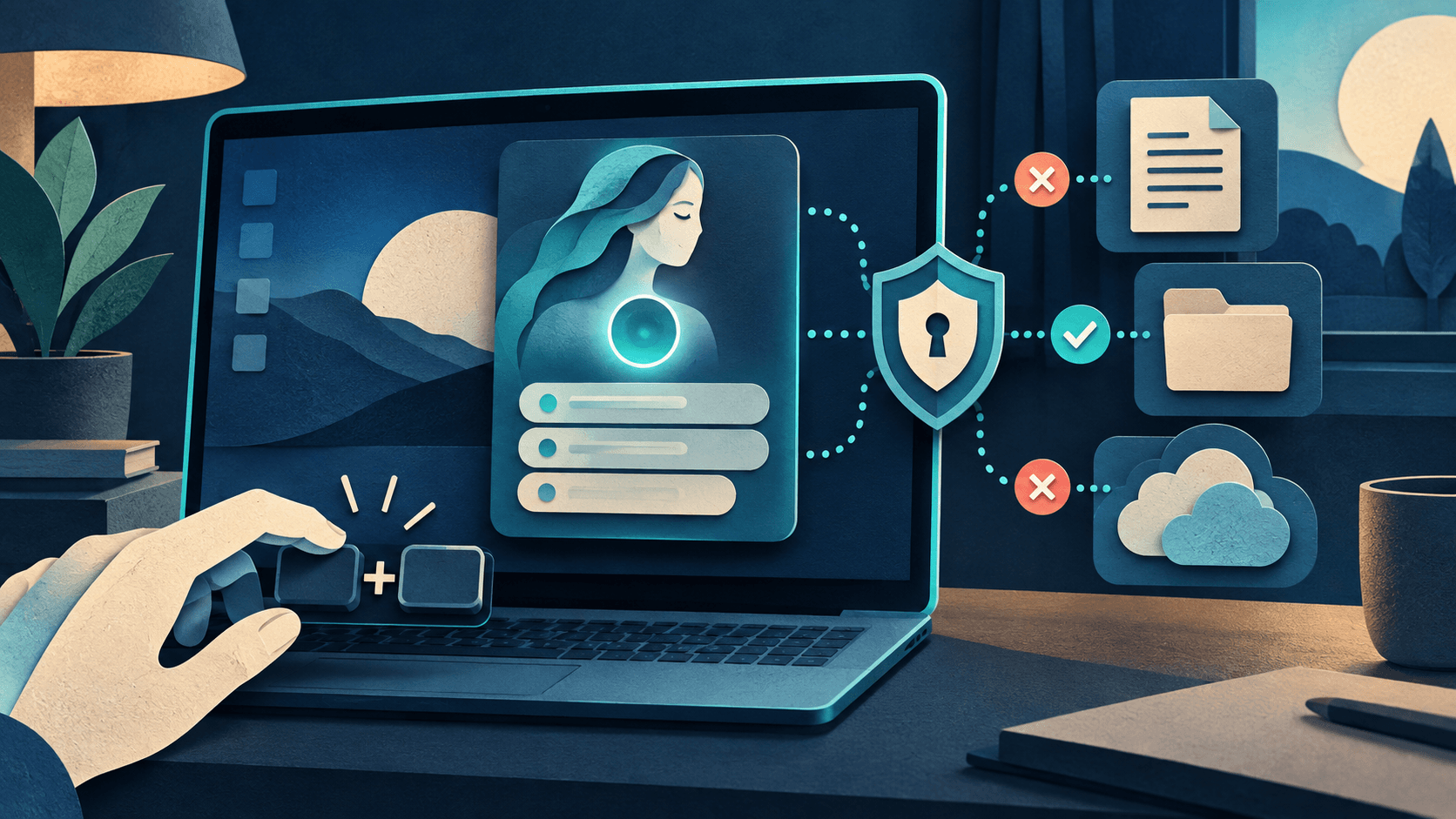 A desktop AI assistant opened through a governed window Paper-cut Windows desktop with an AI assistant panel, keyboard shortcut, connected documents, and permission gates