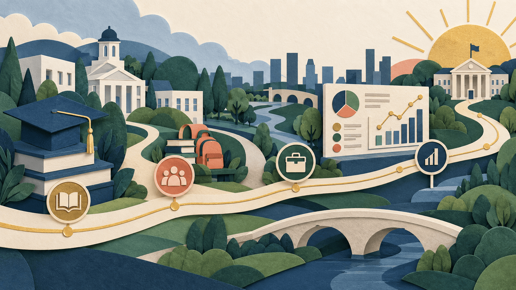 google higher ed ai readiness 2026 Paper-cut editorial illustration of higher-education pathways connecting educator preparation, adult-learner support, career learning, and measurable institutional outcomes