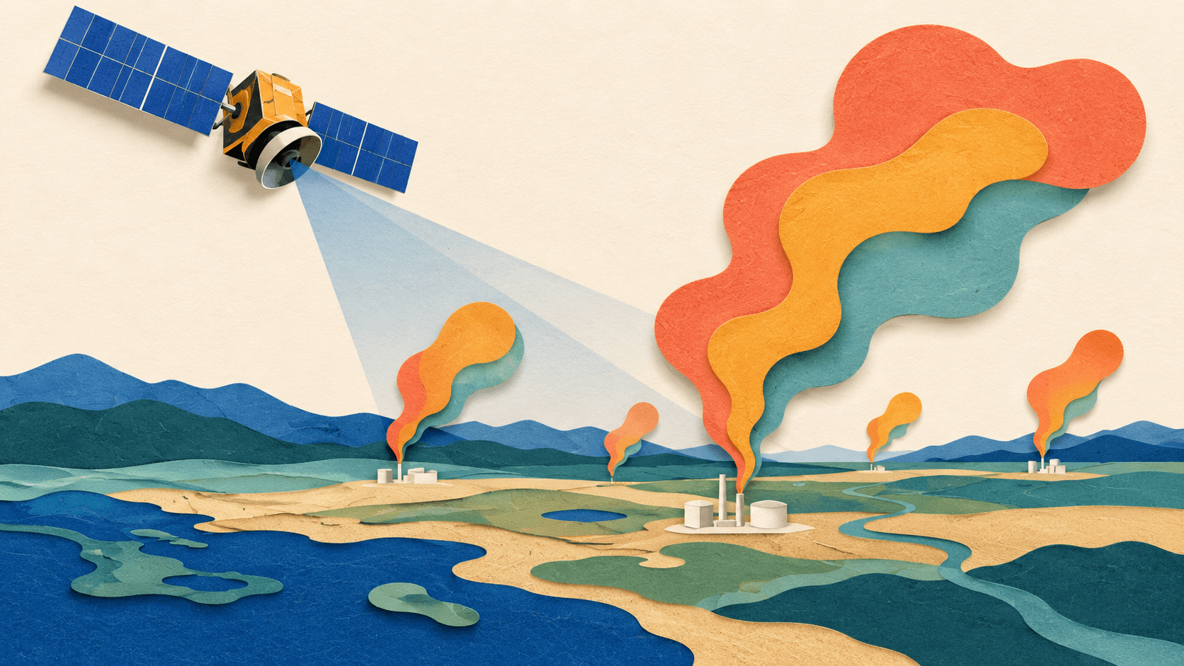 Google Maps Methane with AI: Detection Is Only Step One Paper satellite above layered terrain with abstract methane plumes and verification markers