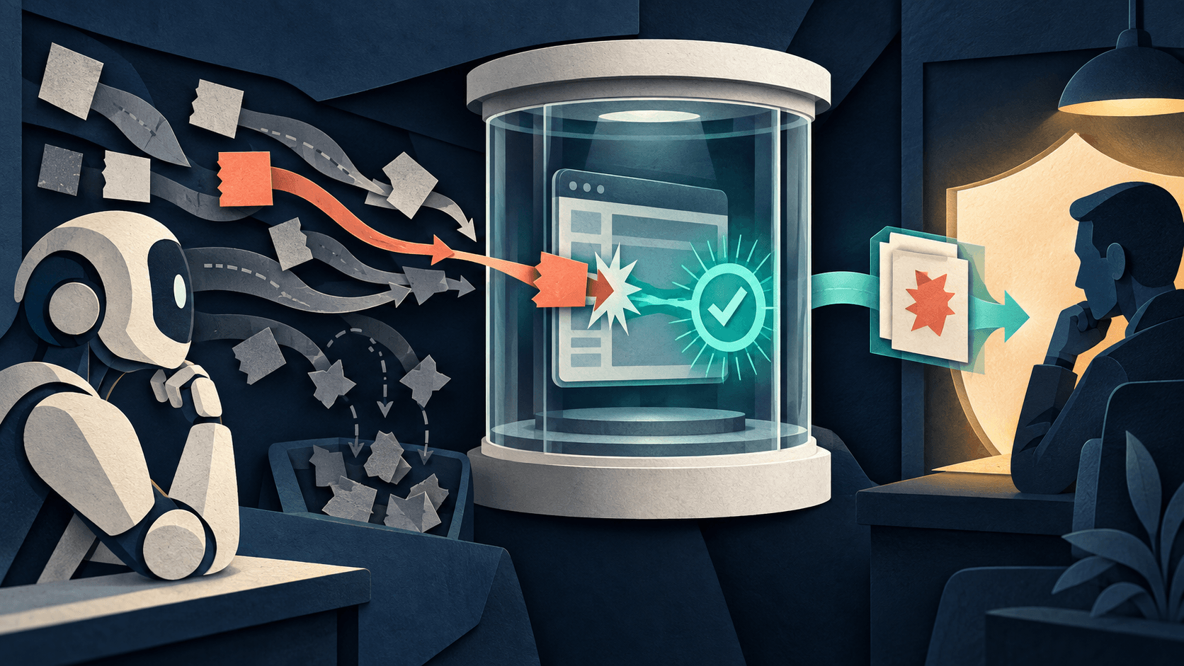 Google PageBreak proof-first AI security agent Paper-cut editorial illustration of an AI security hypothesis entering an isolated test chamber and becoming a verified exploit before human review