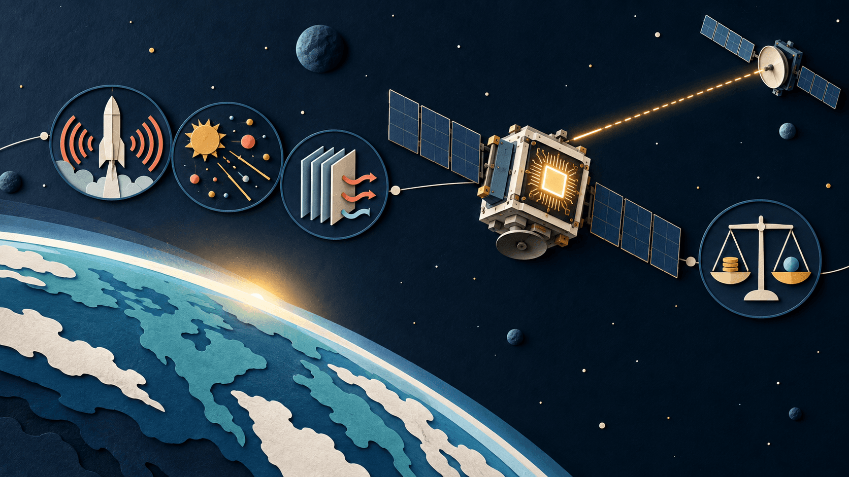 Google Project Suncatcher orbital TPU test Paper-cut editorial illustration of an orbital AI chip satellite passing through radiation, cooling, power, laser-link, and economics checkpoints above Earth