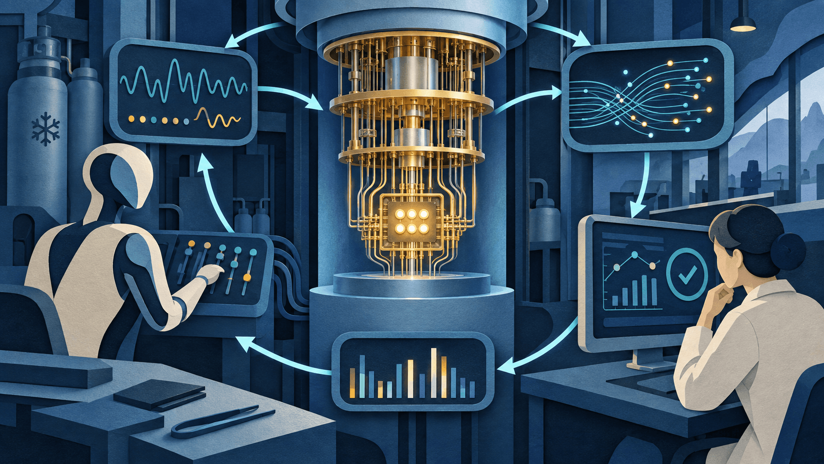 A bounded AI agent calibrating a cryogenic quantum experiment Paper-cut editorial illustration of a glowing quantum chip inside a cryogenic laboratory connected to a supervised agent loop