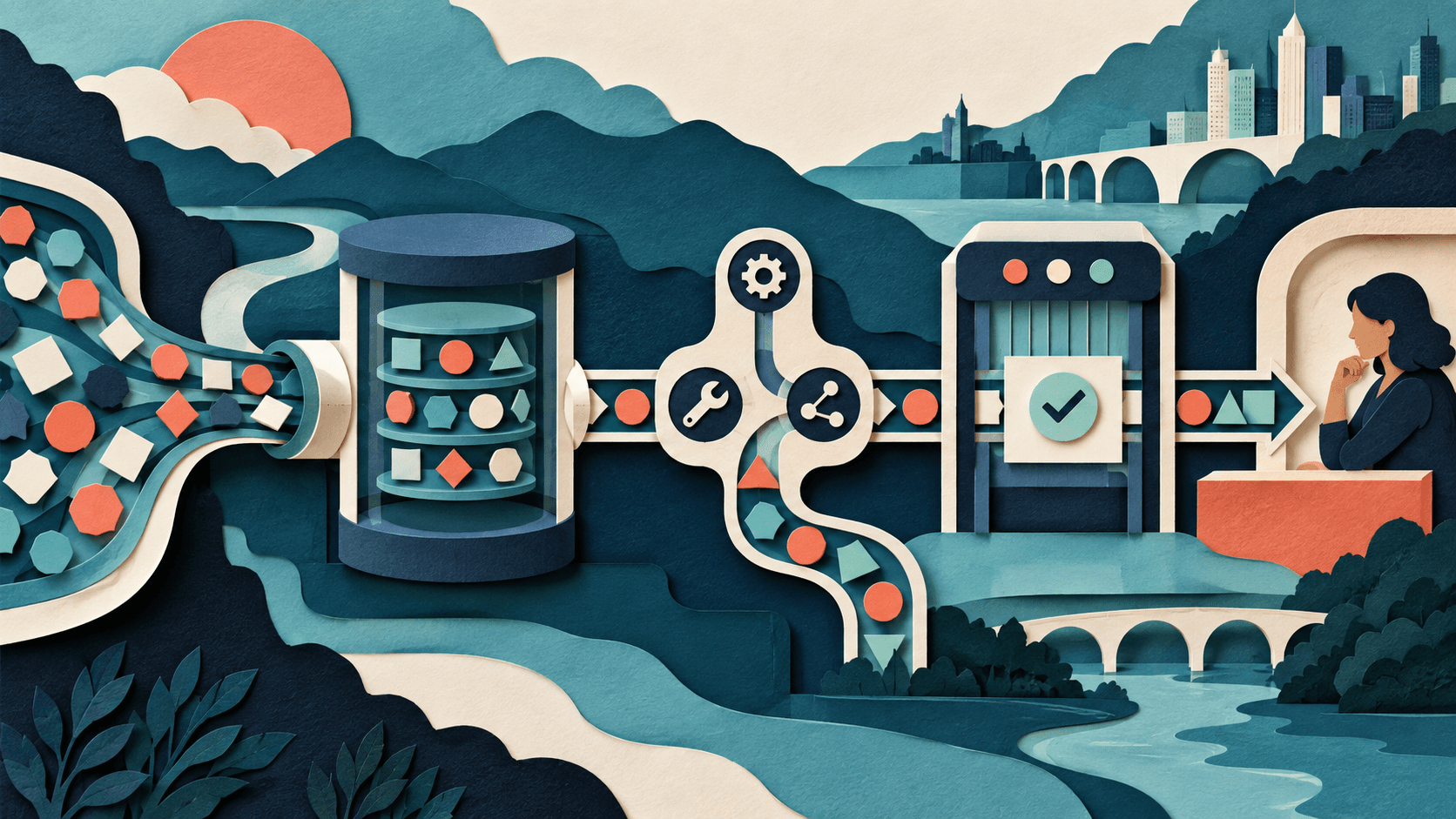 A metered API migration passes through testing and cost controls Paper-cut illustration of API tokens moving through a metered migration pipeline with cache, tool, test, and approval gates