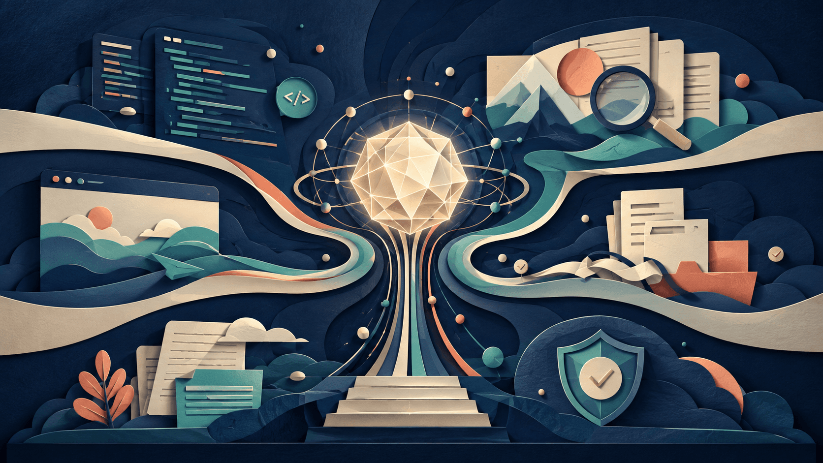 A frontier model coordinating professional work through guarded paths Paper-cut illustration of a luminous intelligence coordinating code, research, documents, and safety checkpoints