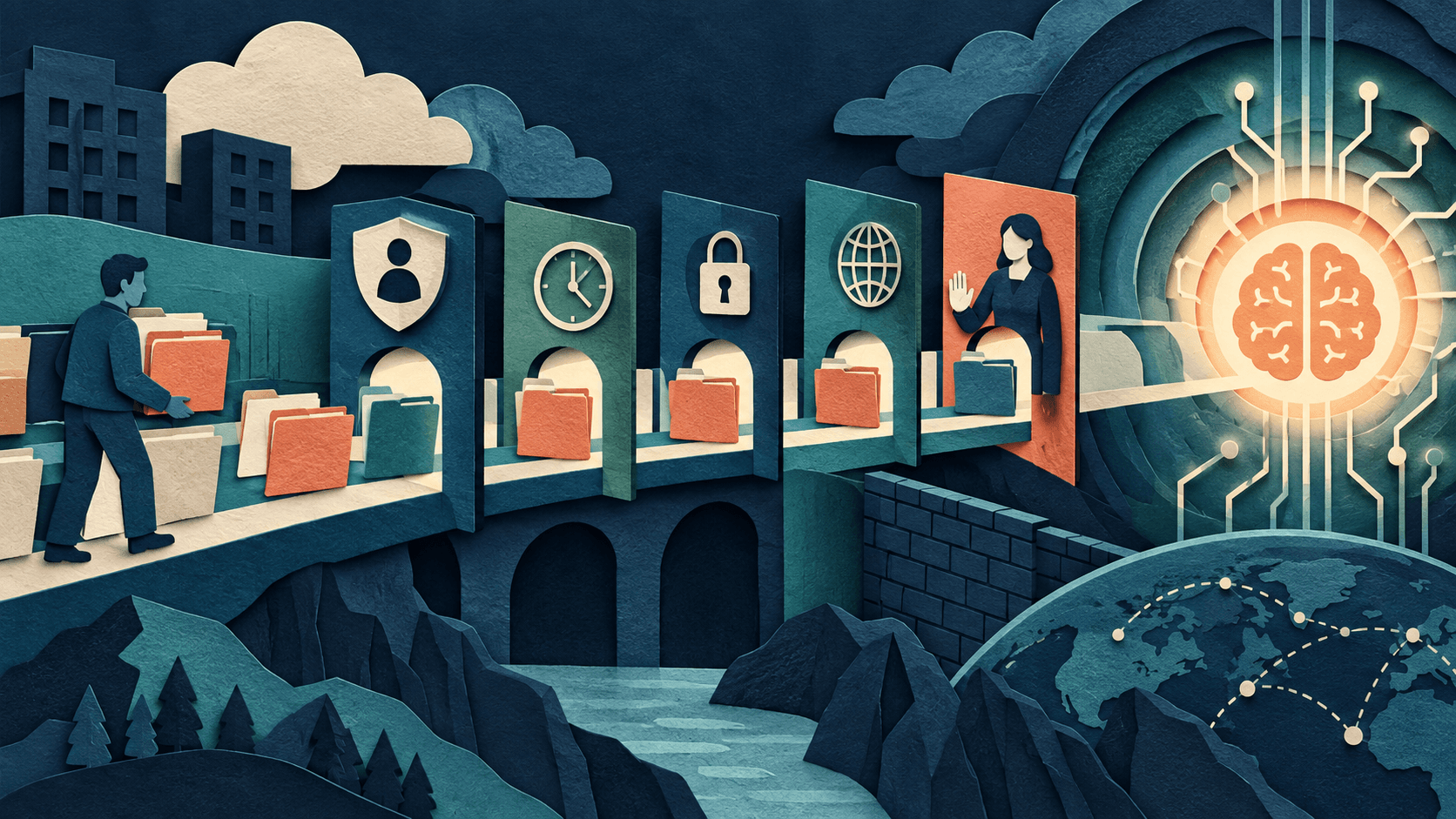Enterprise data enters Astra through layered governance controls Paper-cut illustration of enterprise data folders entering an AI workspace through identity, retention, permission, and human approval controls