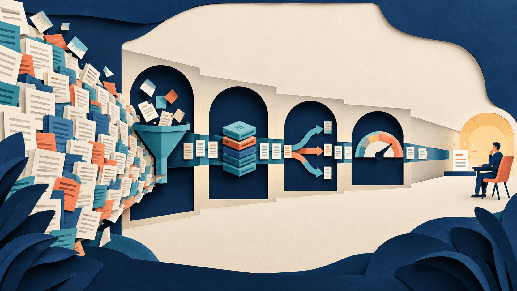 GPT-6 Astra long-context cost controls Paper-cut editorial illustration of a million-token document corridor narrowed through retrieval, caching, routing, and cost-control gates