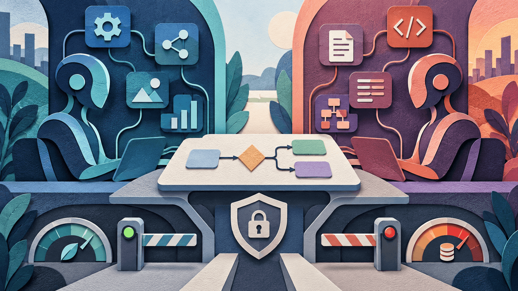 Two frontier AI systems face the same governed business workflow Paper-cut illustration of two abstract AI workspaces compared across business documents, code, tools, and security controls