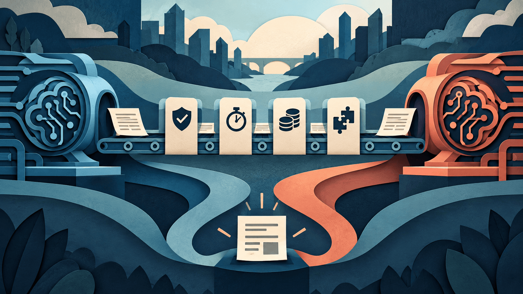 Two AI models pass through the same upgrade test Paper-cut editorial illustration of two abstract AI engines compared through quality, latency, cost, safety, and compatibility checkpoints