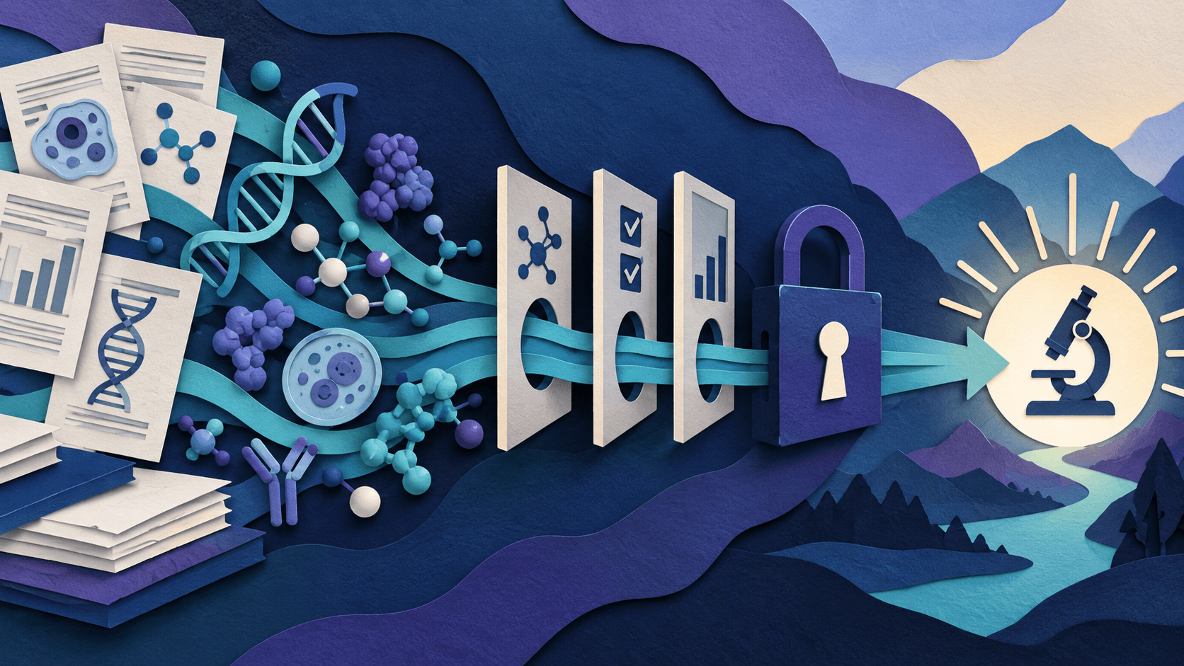 Life-sciences evidence passing through validation and controlled-access gates before a scientific conclusion Life-sciences evidence passing through validation and controlled-access gates before a scientific conclusion