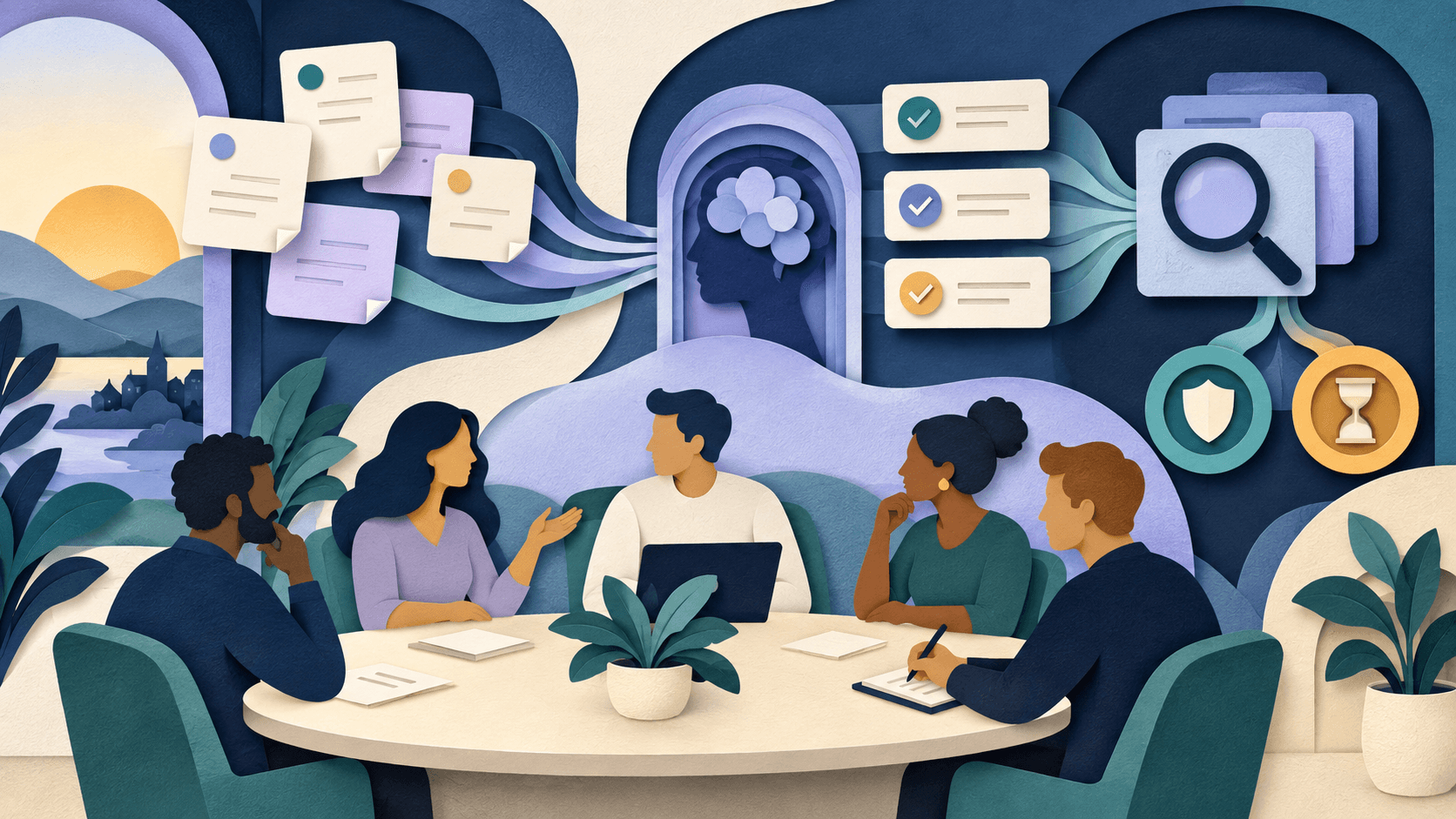 Granola Review 2026: AI Meeting Notes, Price, and Privacy Paper-cut editorial illustration of a meeting table feeding private notes, verified action items, searchable memory, consent, and retention controls
