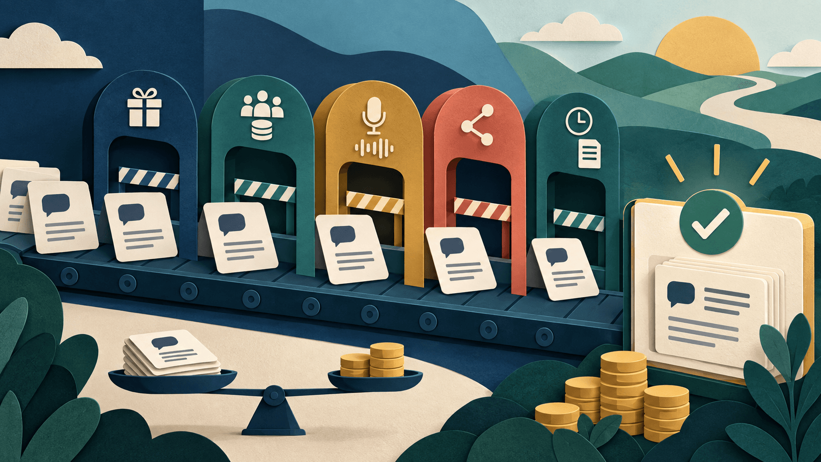 Meeting notes pass through cost and value gates Paper-cut editorial illustration of meeting-note cards passing through free-plan limits, seat cost, sharing, retention, and accepted-value checks
