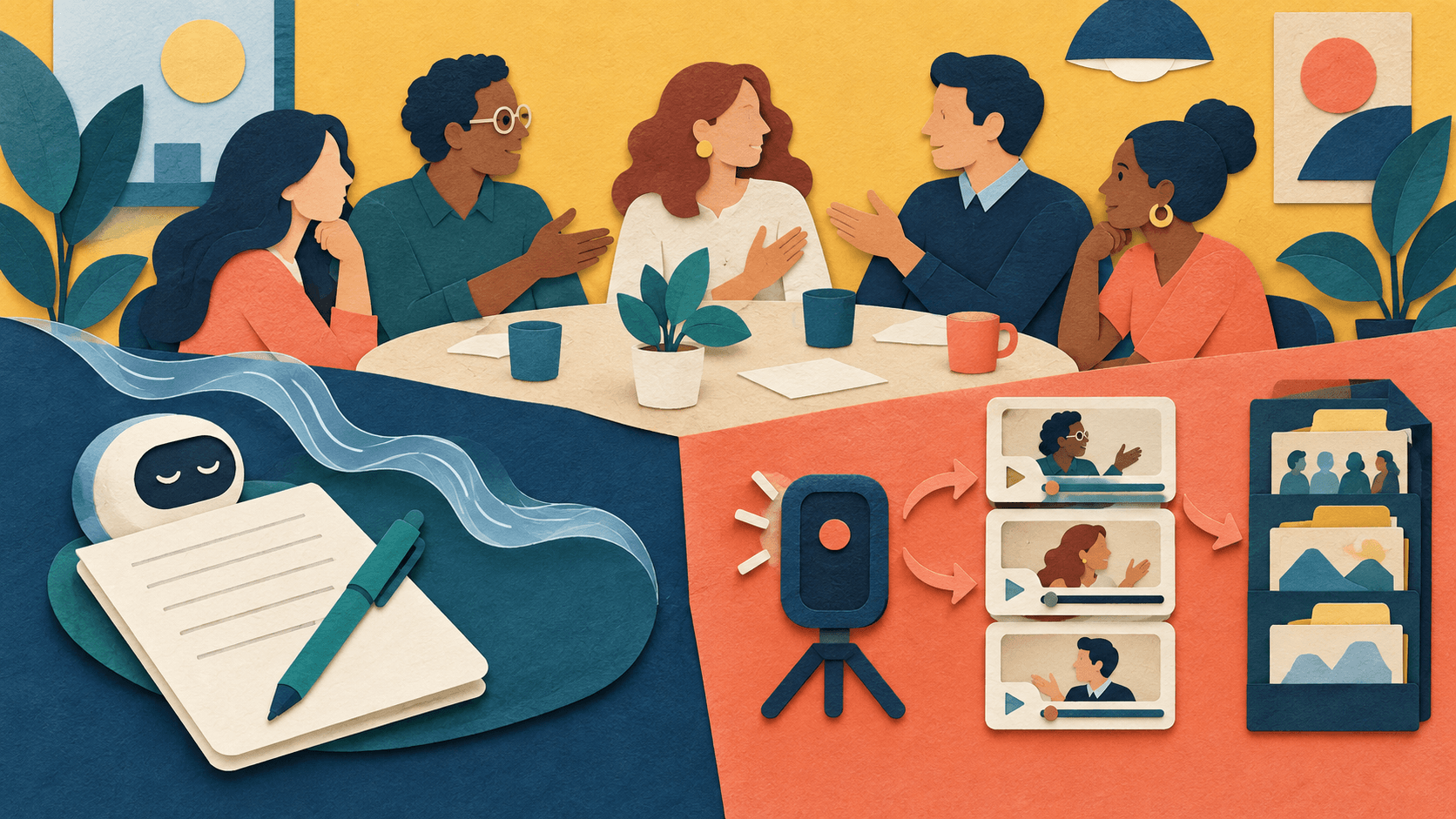 Bot-free synthesis and recorded meeting memory serve different jobs Paper-cut illustration comparing a private AI notepad capturing a conversation with a visible meeting recorder creating clips and an archive