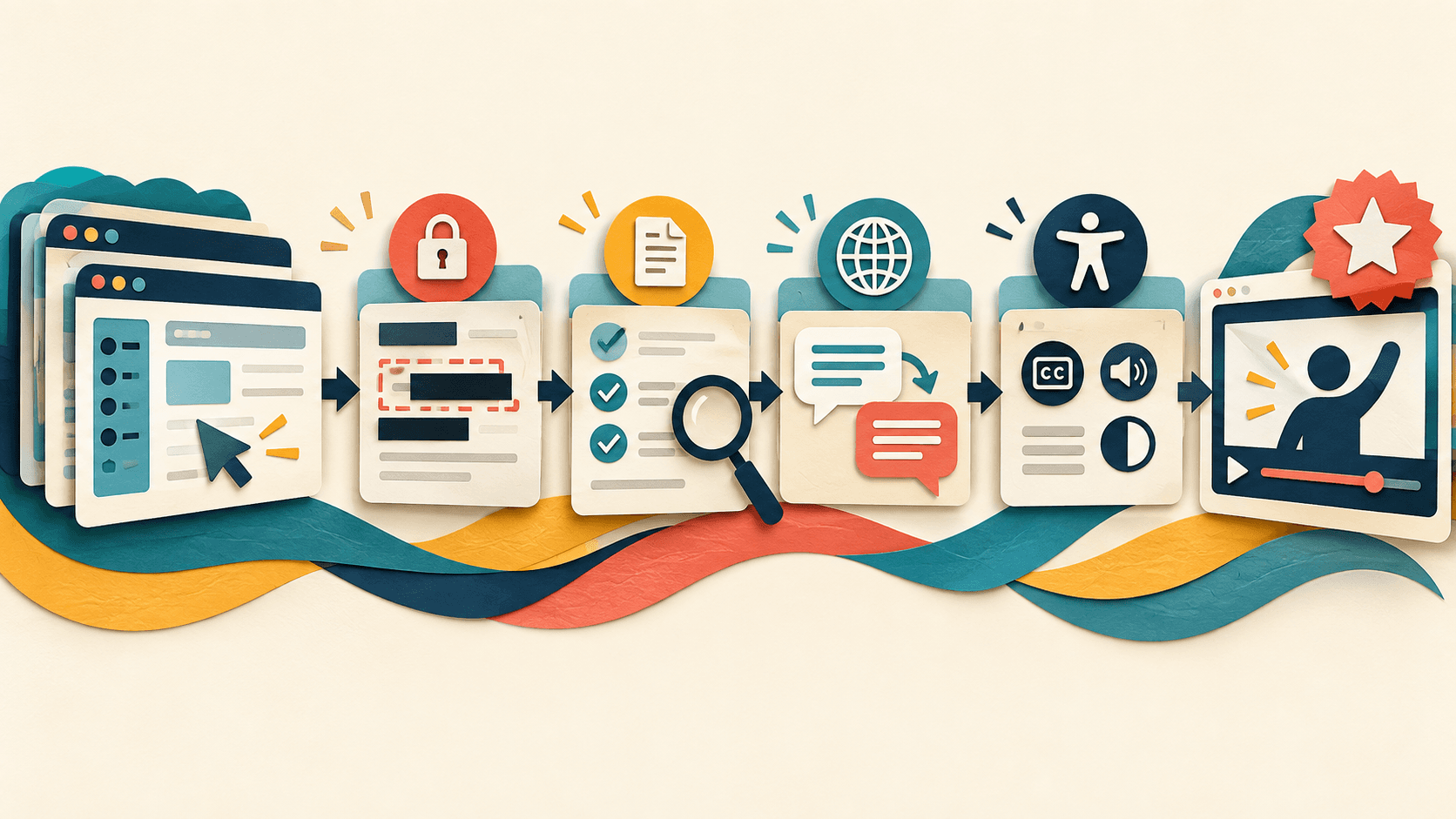 Guidde Review 2026: AI Video Documentation, Pricing, Pros & Cons Paper-cut editorial illustration of a captured software workflow becoming a narrated step-by-step guide through redaction, review, translation, and viewer-success checkpoints