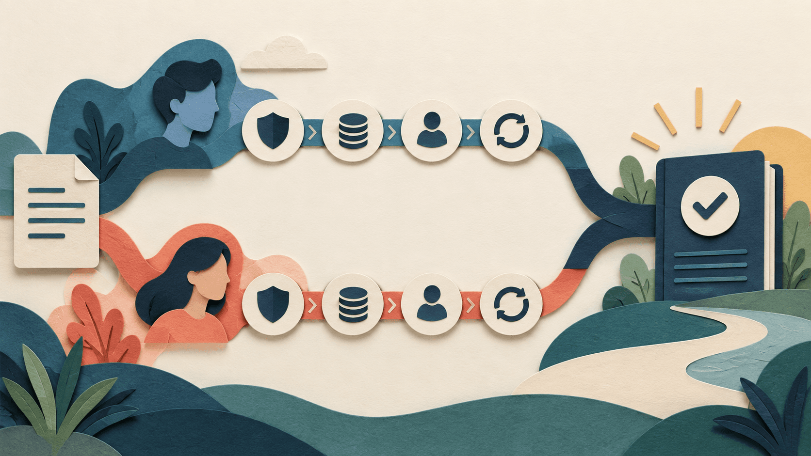 Gumloop vs. n8n: AI-Native Builder or Automation Control? Paper-cut editorial illustration of two workflow builders passing the same job through control cost approval and recovery gates