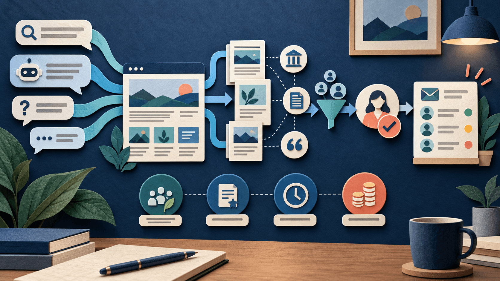Gushwork review: content, authority, qualified leads, and human control Abstract paper-cut editorial illustration of buyer questions flowing through content research, website publishing, citation building, human approval, and qualified lead measurement