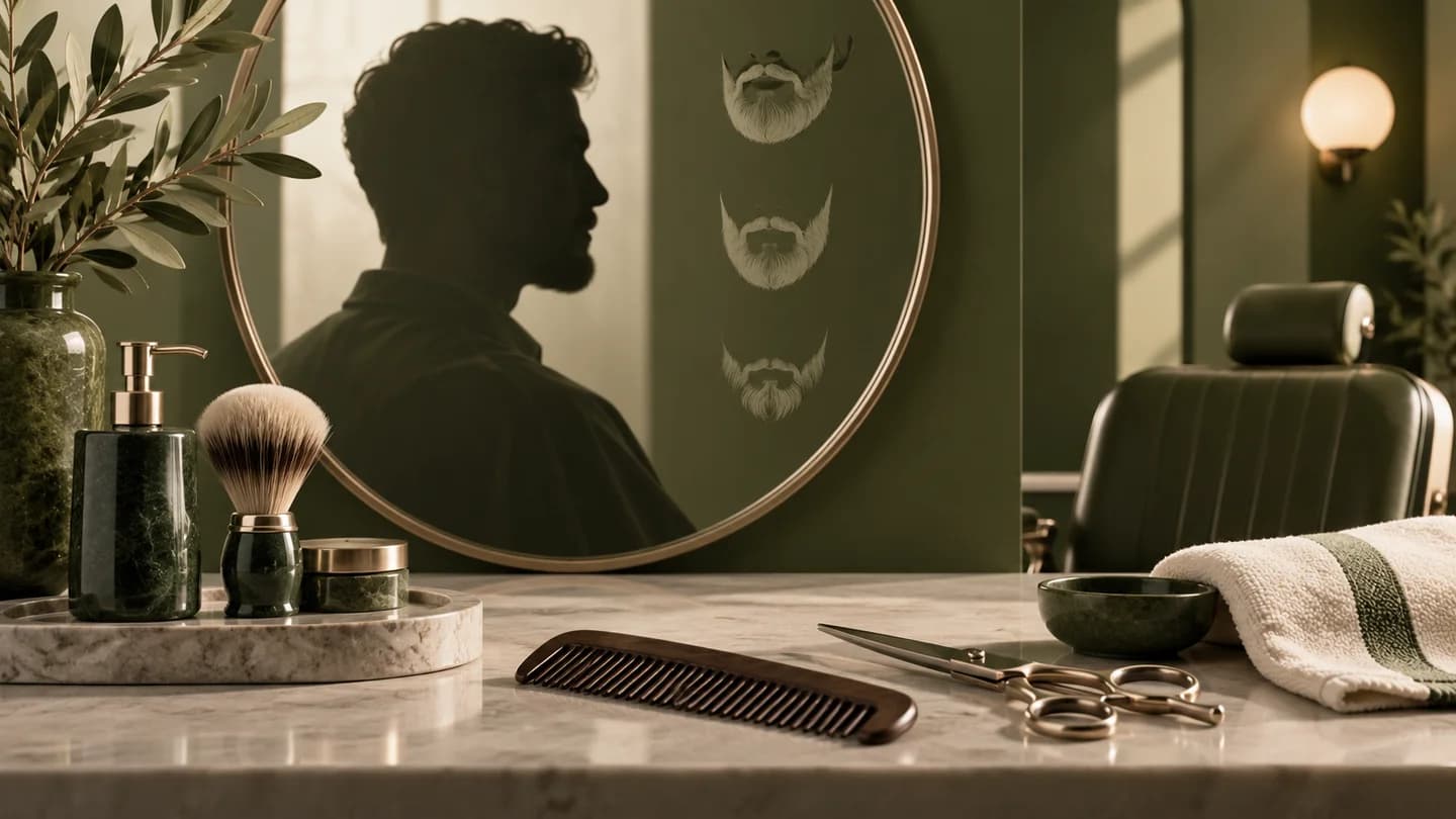 A barber’s workbench with portrait silhouettes, beard outlines, a comb and scissors