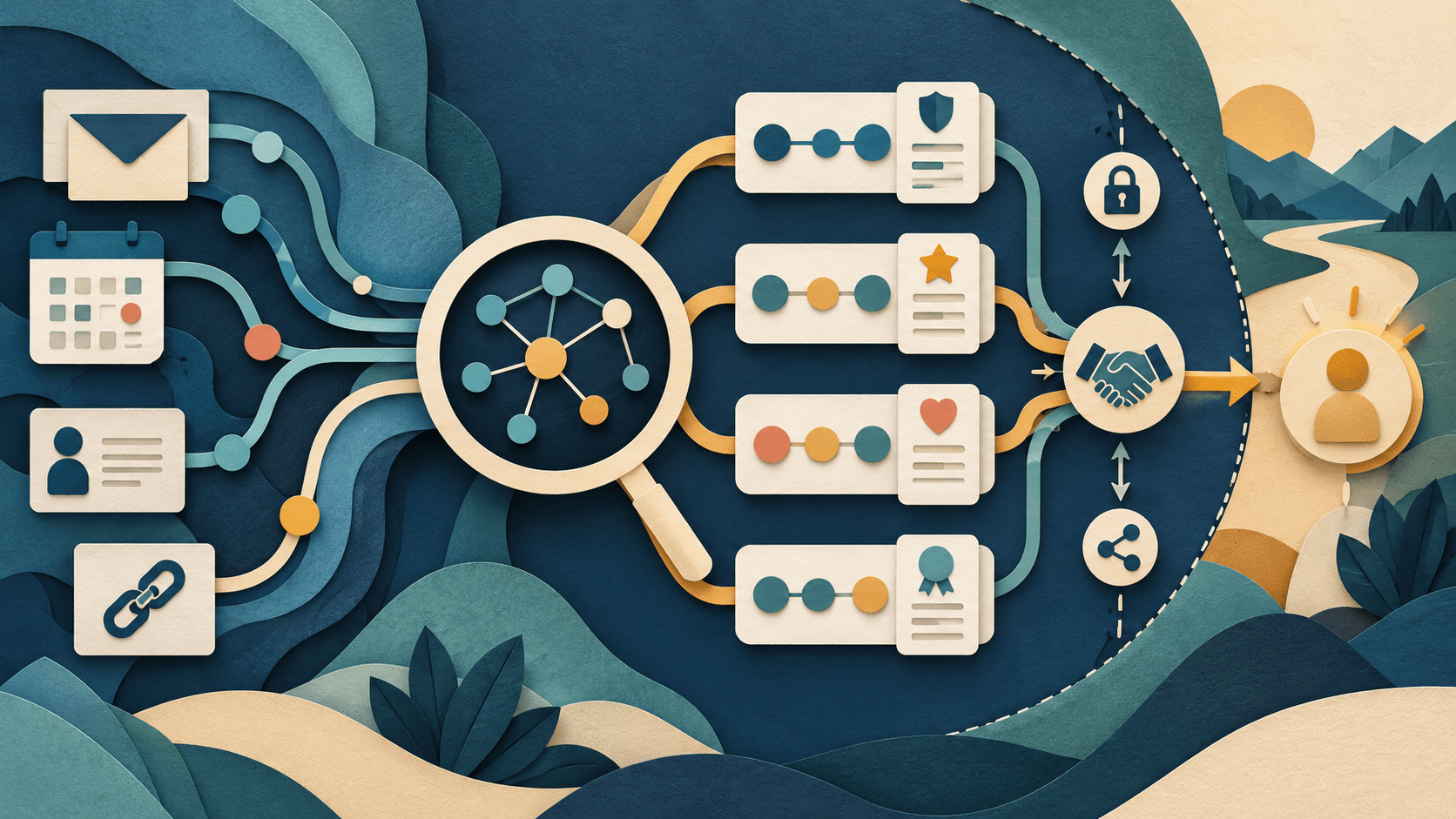 happenstance ai network search review 2026 Paper-cut editorial illustration of email, calendar, contact, and social relationship signals becoming ranked warm-introduction paths behind a privacy gate