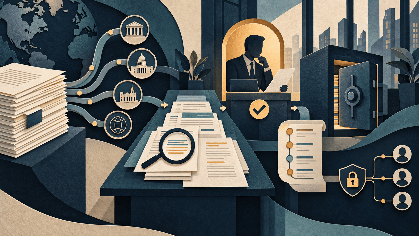 Harvey AI Review 2026 Paper-cut editorial illustration of a governed legal AI workspace joining jurisdiction-aware research, contracts, review tables, a secure vault, access controls, audit history, and lawyer approval
