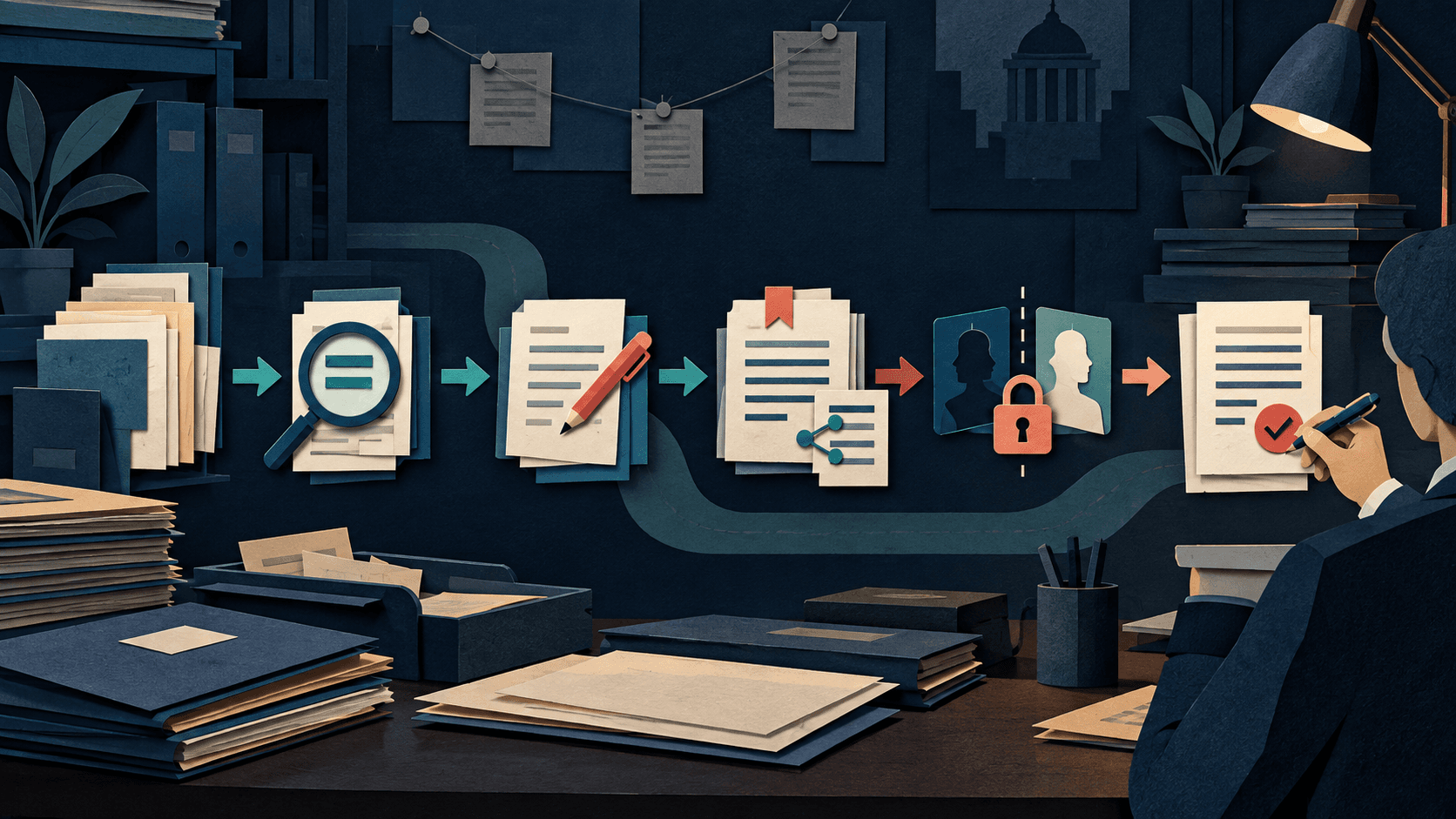 Harvey AI Review 2026: Legal Agents, Security & Fit Paper-cut editorial illustration of confidential legal documents passing through retrieval, drafting, citation, ethical-wall, and human-lawyer approval gates