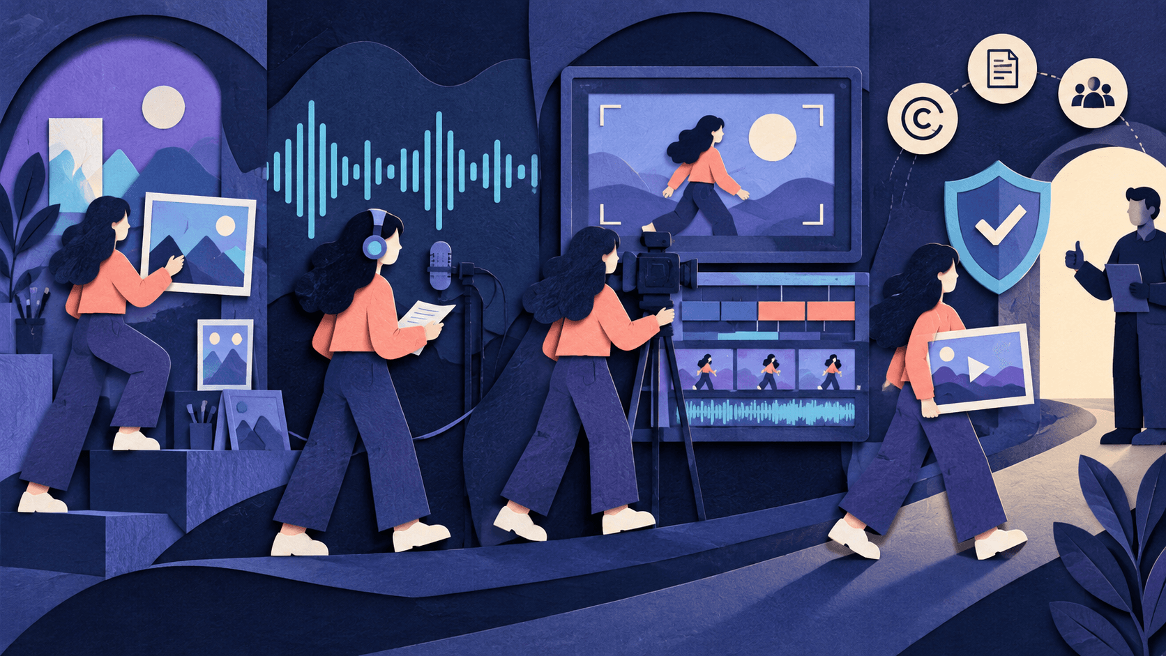 Hedra Review 2026: AI Video, Characters, Pricing, Pros & Cons Paper-cut editorial illustration of a consistent digital character moving across image, voice, and video scenes while credits, artifacts, rights, and human approval remain visible